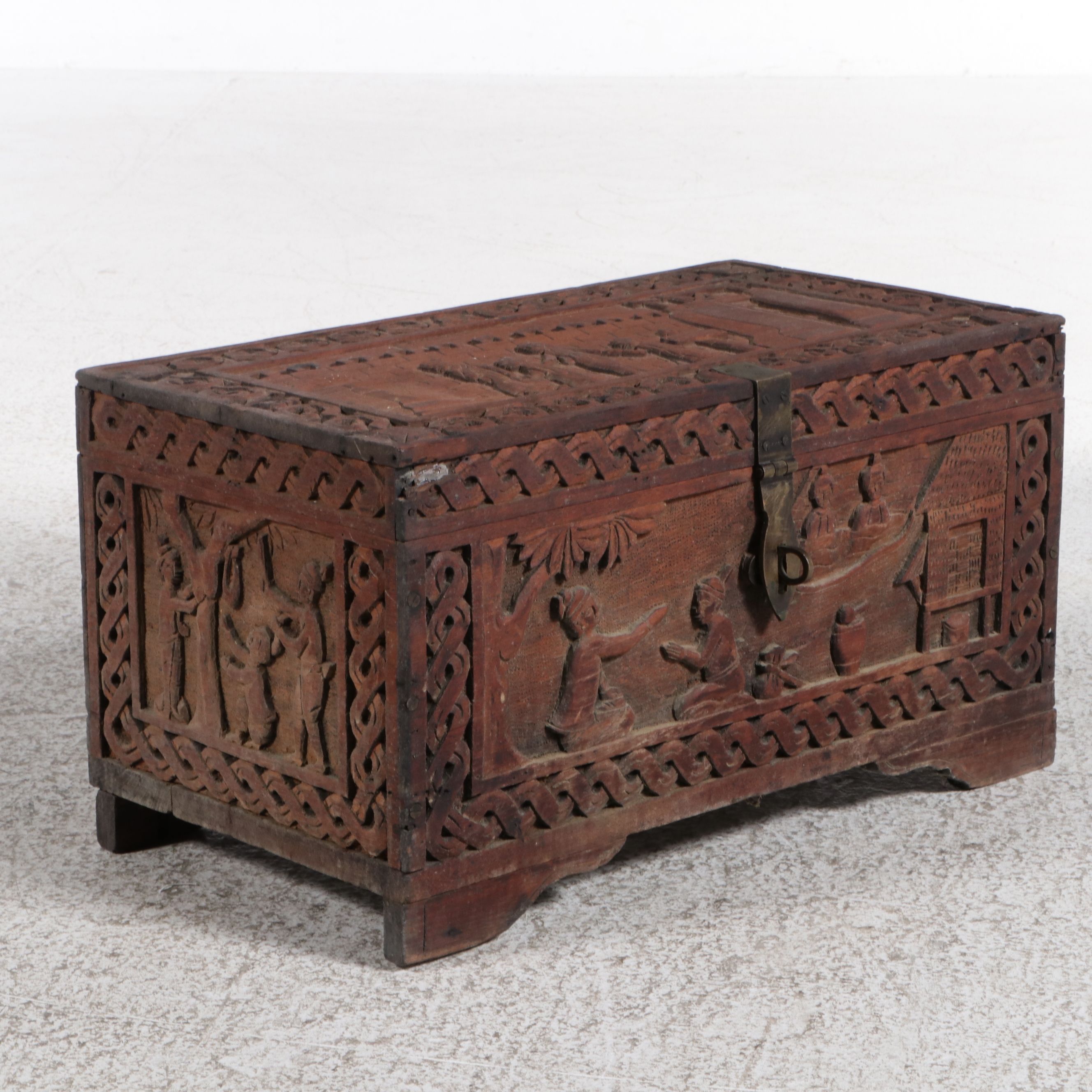 Burmese Carved Teak Relief Box, Late 19th/Early 20th Century