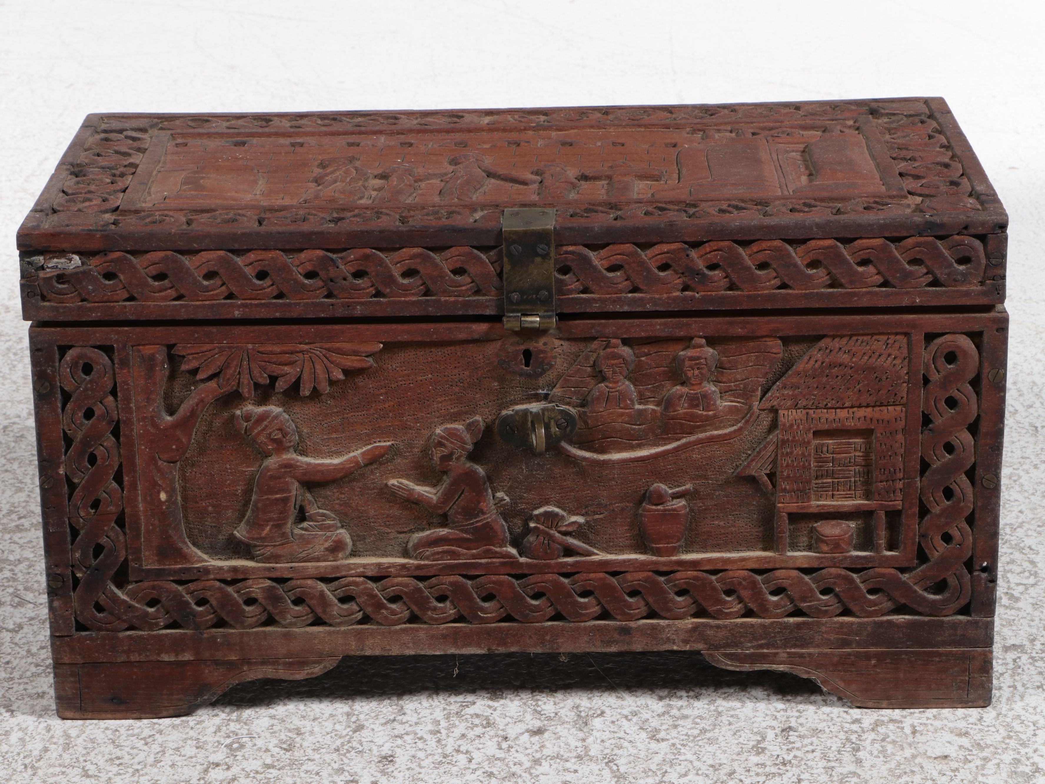 Burmese Carved Teak Relief Box, Late 19th/Early 20th Century