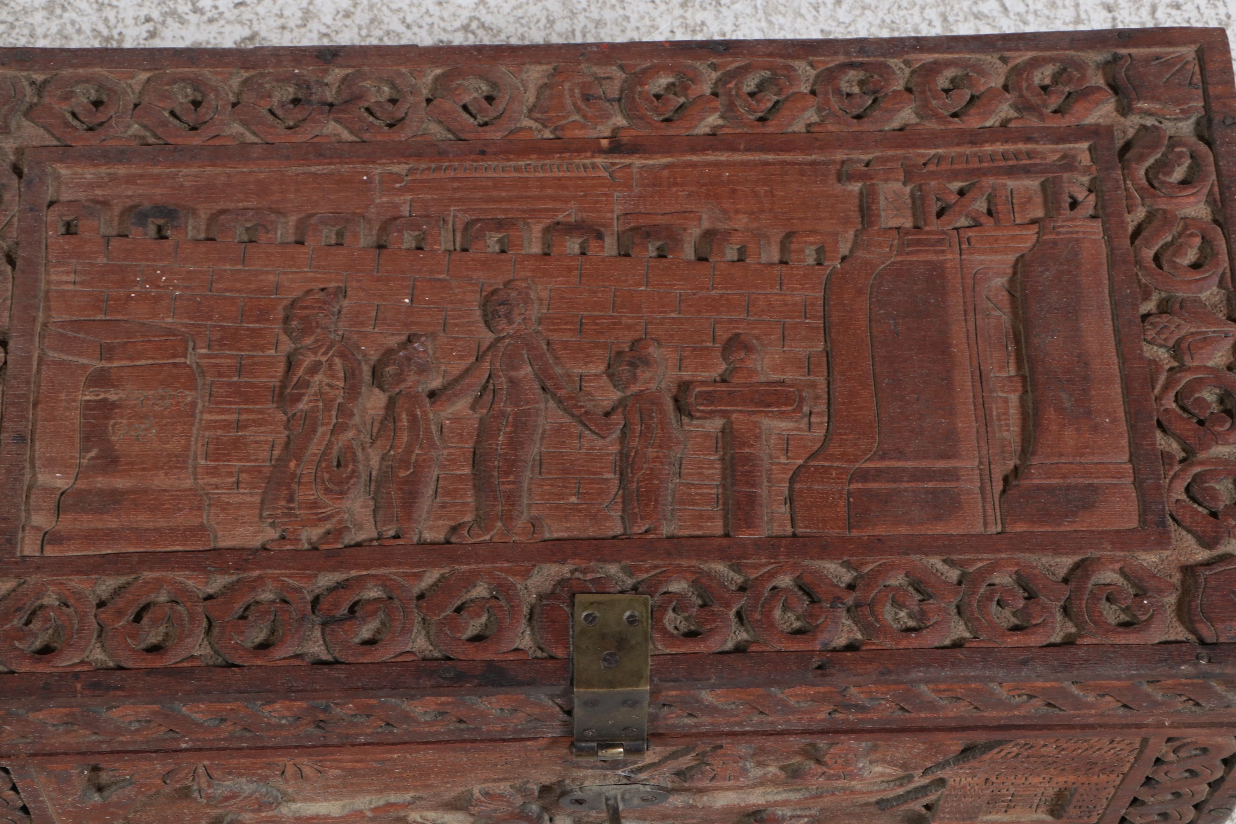 Burmese Carved Teak Relief Box, Late 19th/Early 20th Century