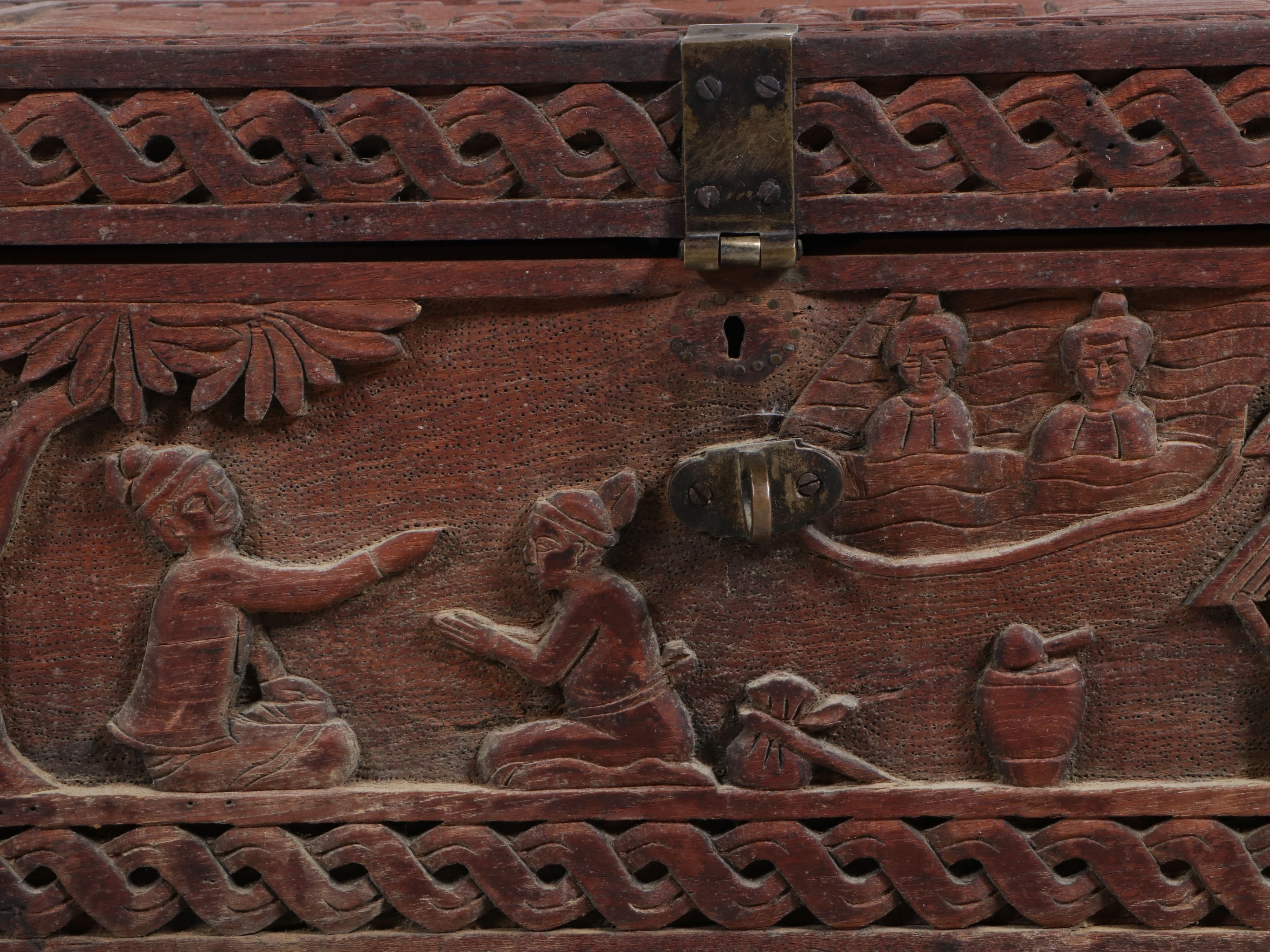 Burmese Carved Teak Relief Box, Late 19th/Early 20th Century