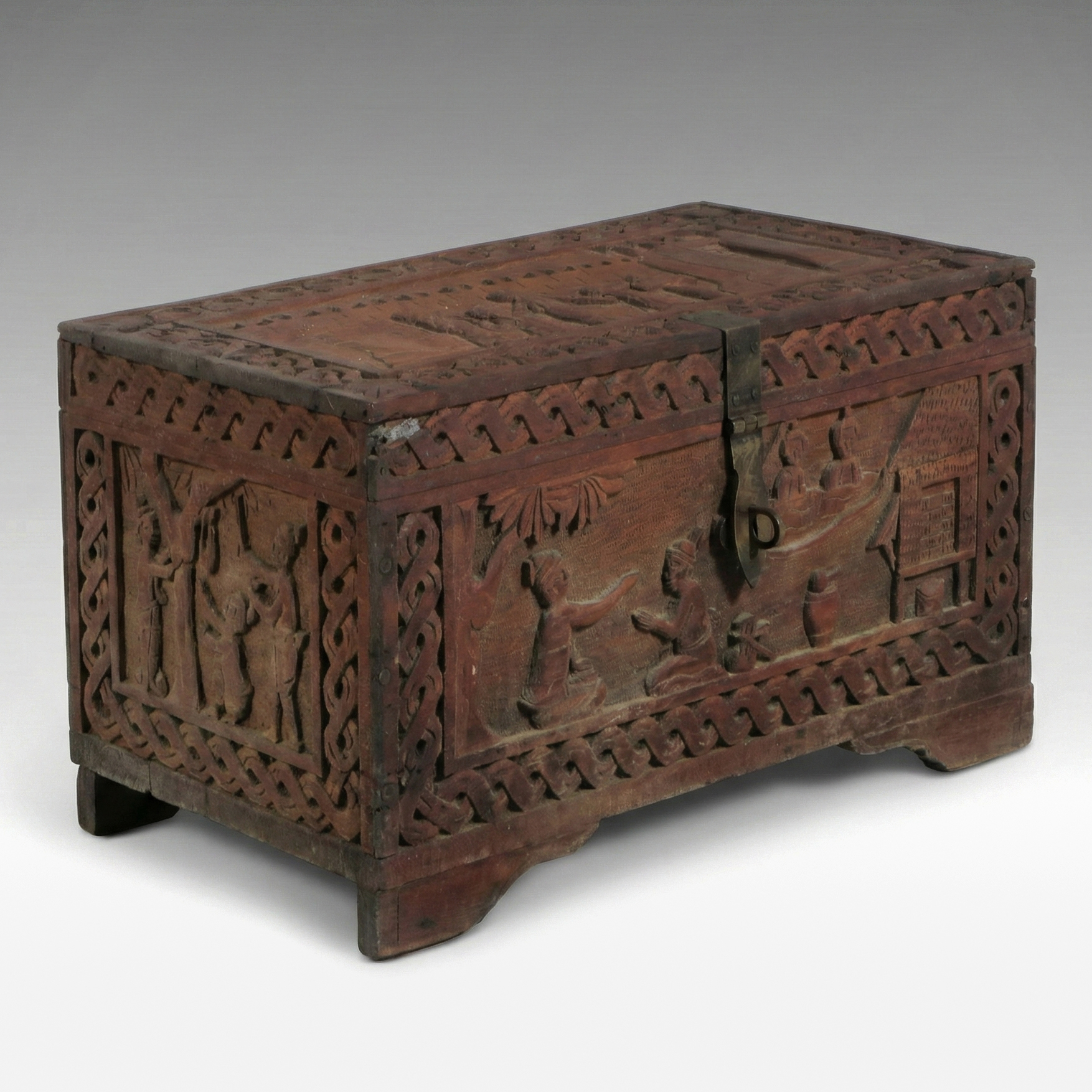Burmese Carved Teak Relief Box, Late 19th/Early 20th Century