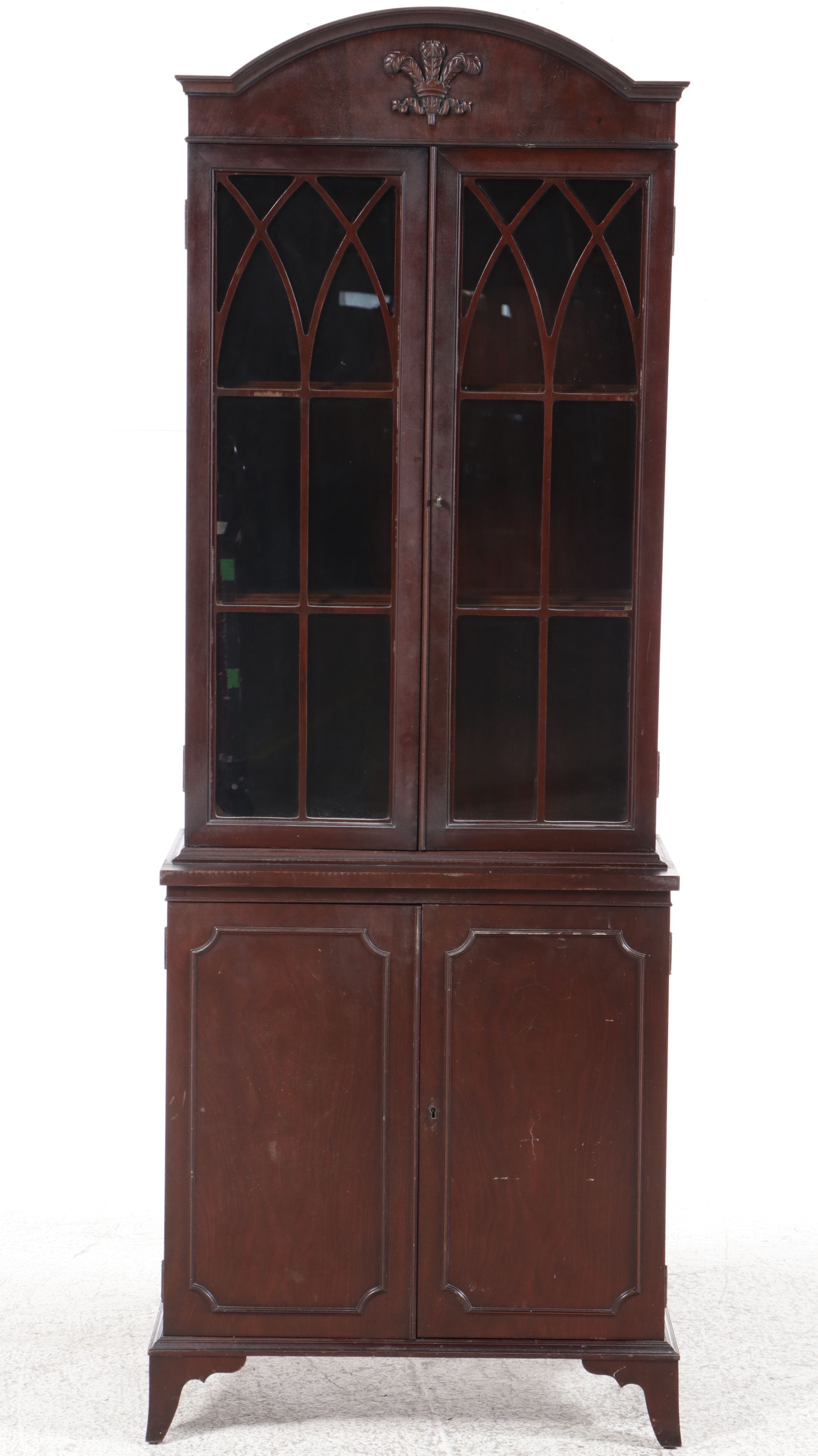 Hepplewhite Style China Cabinet with Prince of Wales Feather Arched Pediment