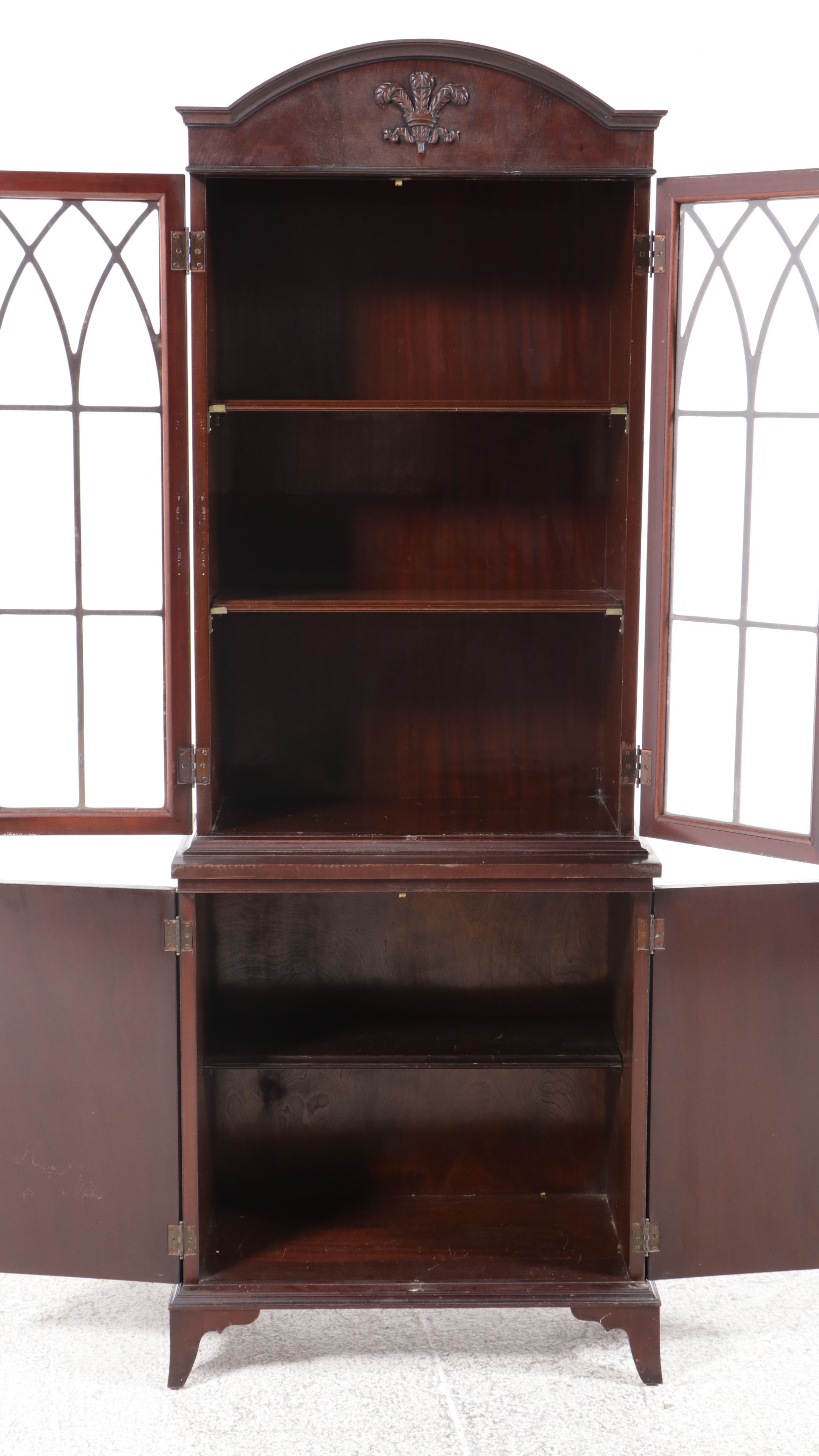 Hepplewhite Style China Cabinet with Prince of Wales Feather Arched Pediment