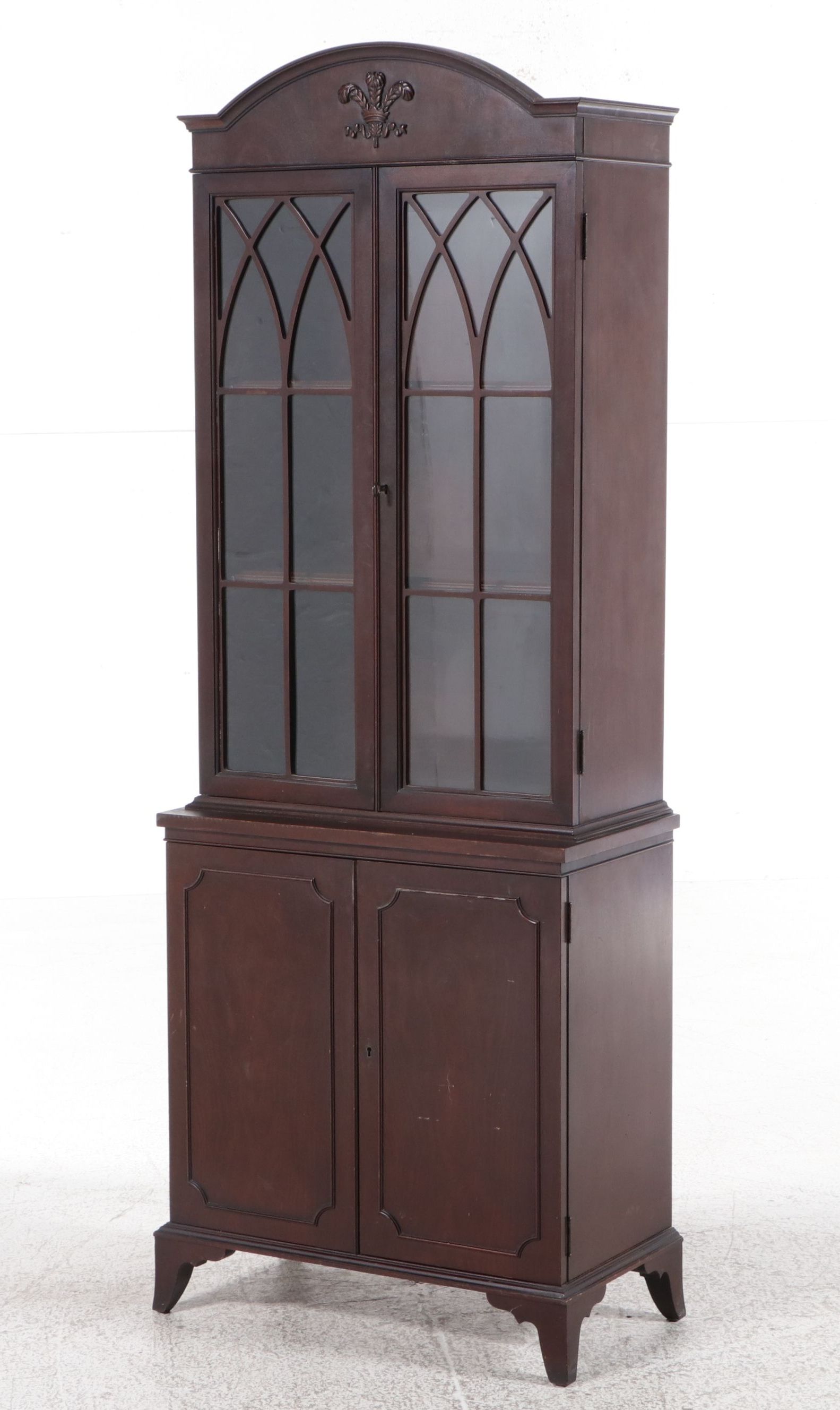 Hepplewhite Style China Cabinet with Prince of Wales Feather Arched Pediment