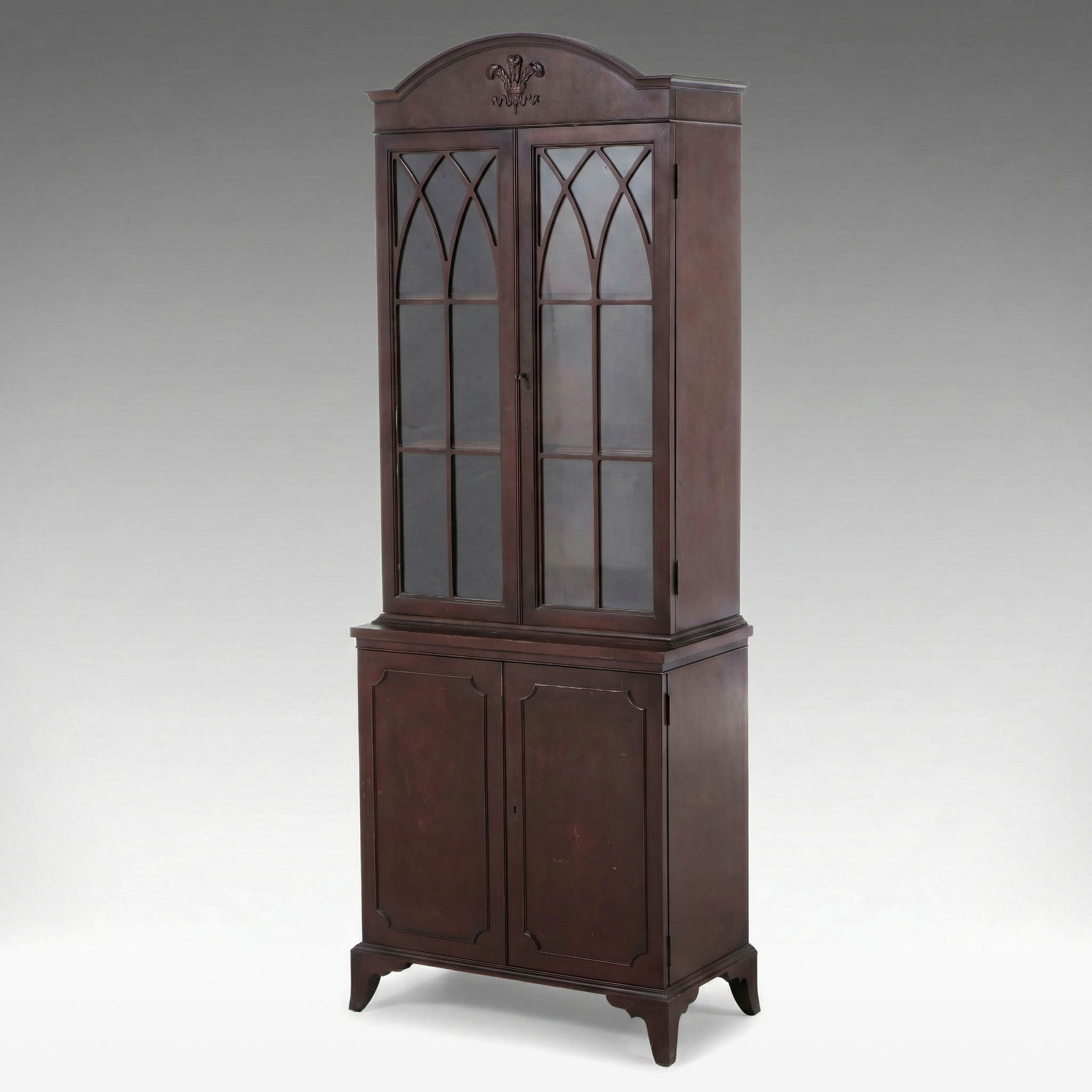 Hepplewhite Style China Cabinet with Prince of Wales Feather Arched Pediment