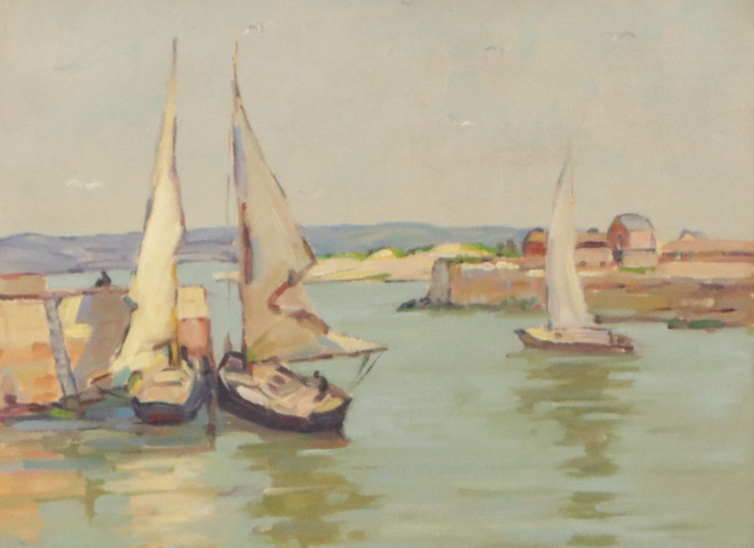 L. W. Broome Harbor Scene Oil Painting with Sailboats, 20th Century