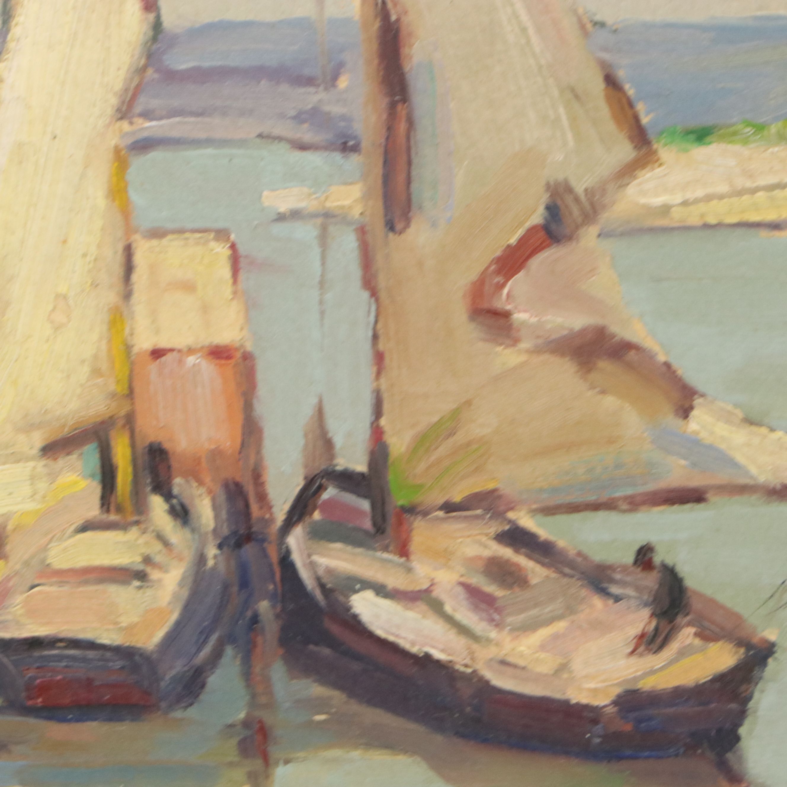 L. W. Broome Harbor Scene Oil Painting with Sailboats, 20th Century