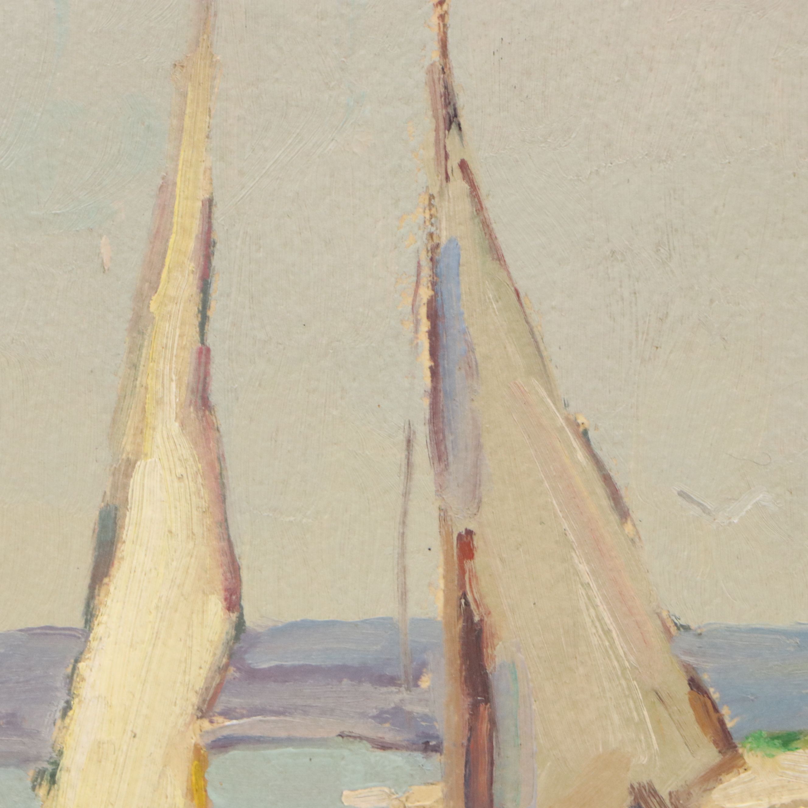 L. W. Broome Harbor Scene Oil Painting with Sailboats, 20th Century