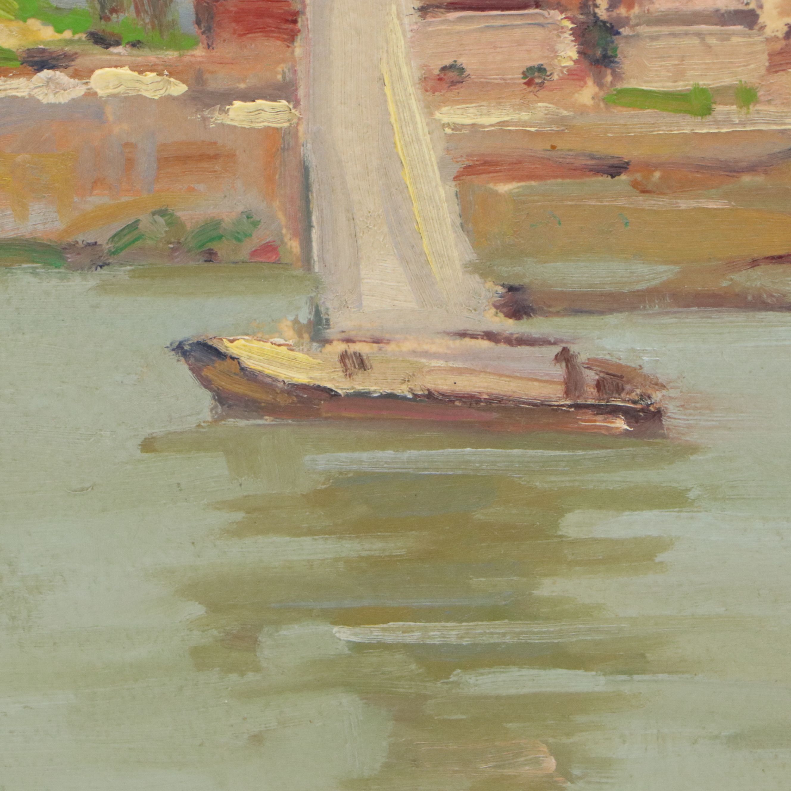 L. W. Broome Harbor Scene Oil Painting with Sailboats, 20th Century