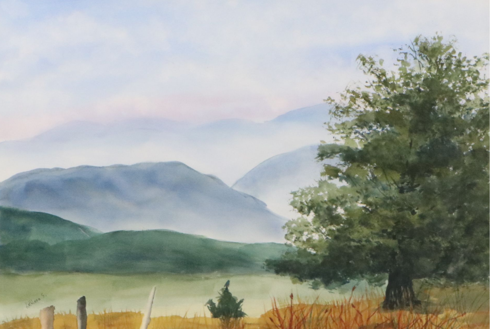 Kathleen S. Mountain Landscape Watercolor Painting with Tree