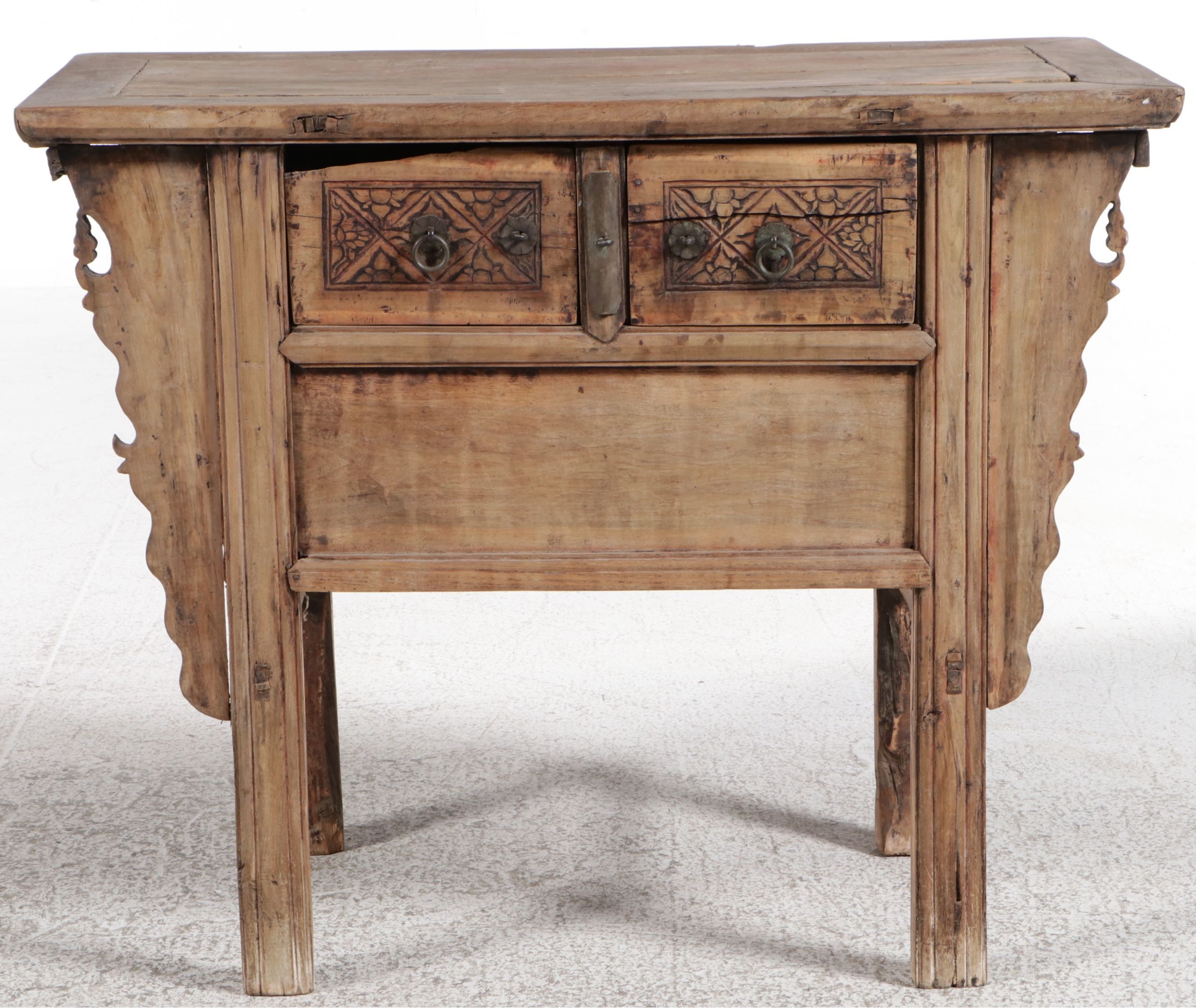 Chinese Provincial Carved Elmwood Side Table, 19th Century