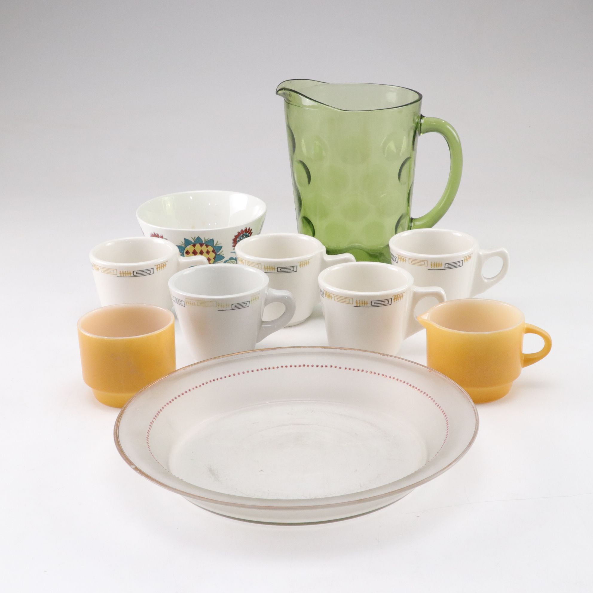 Hazel-Atlas "El Dorado" Avocado Glass Pitcher, Figgjo Hand-Painted Bowl & More