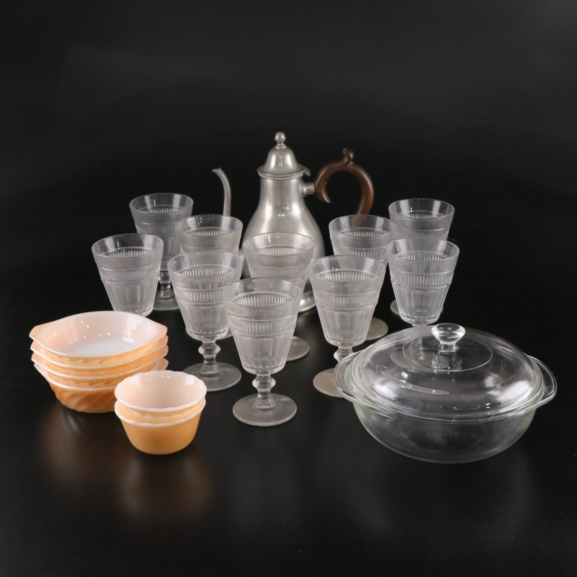 Pewter Coffee Pot with Fire King au Gratin and Custard Cups and Other Glassware