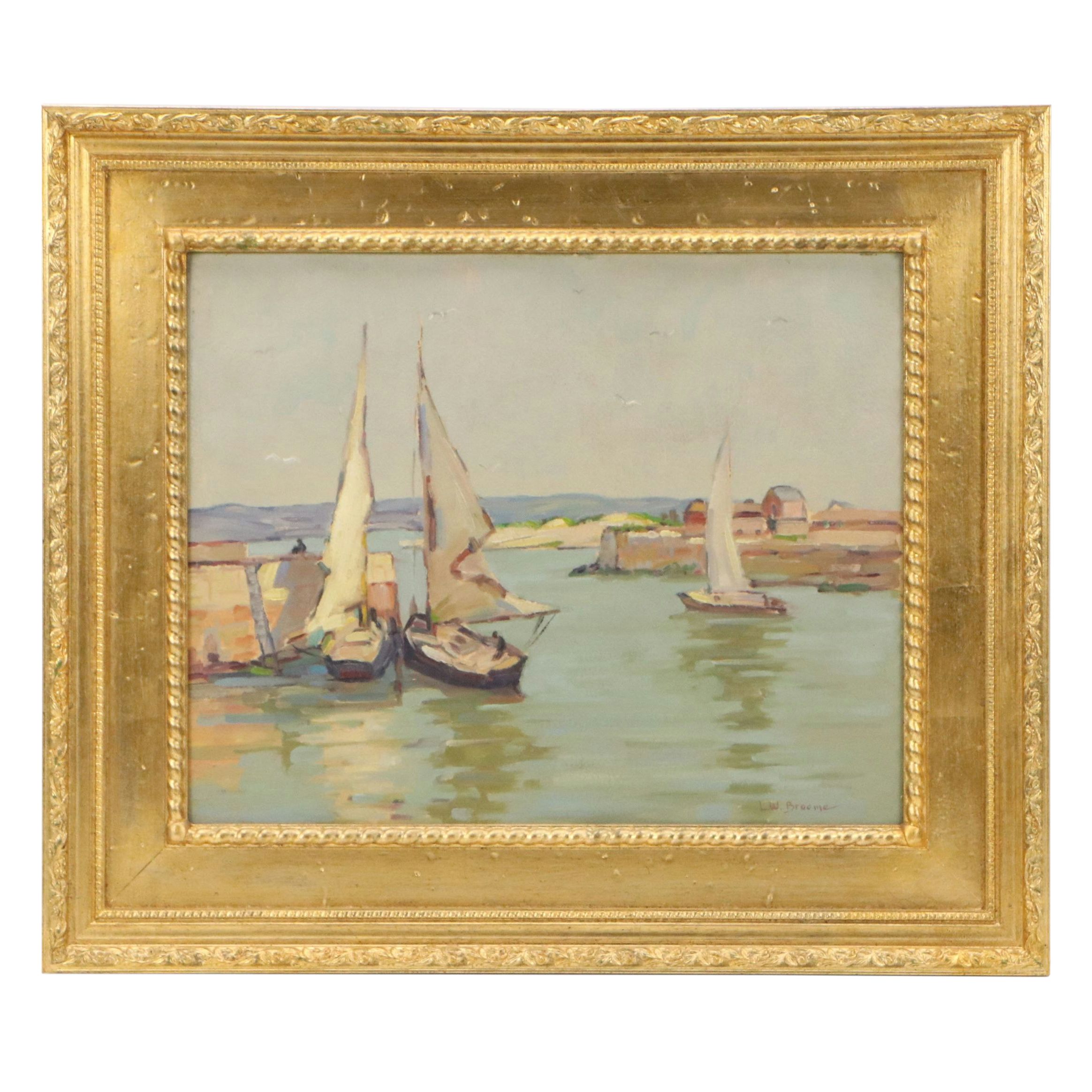 L. W. Broome Harbor Scene Oil Painting with Sailboats, 20th Century