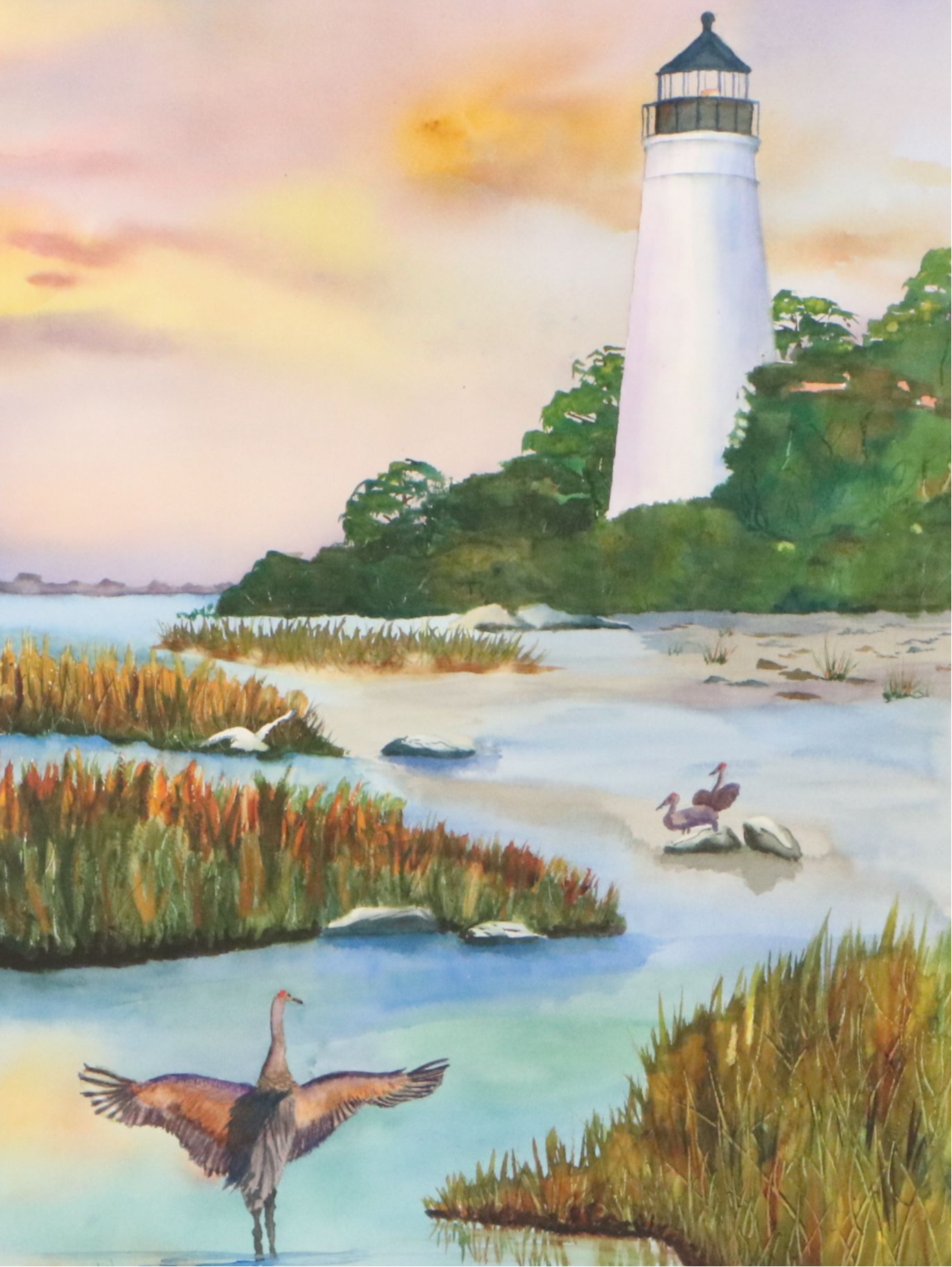 K. Schuckel Coastal Watercolor Painting of Lighthouse with Waterfowl