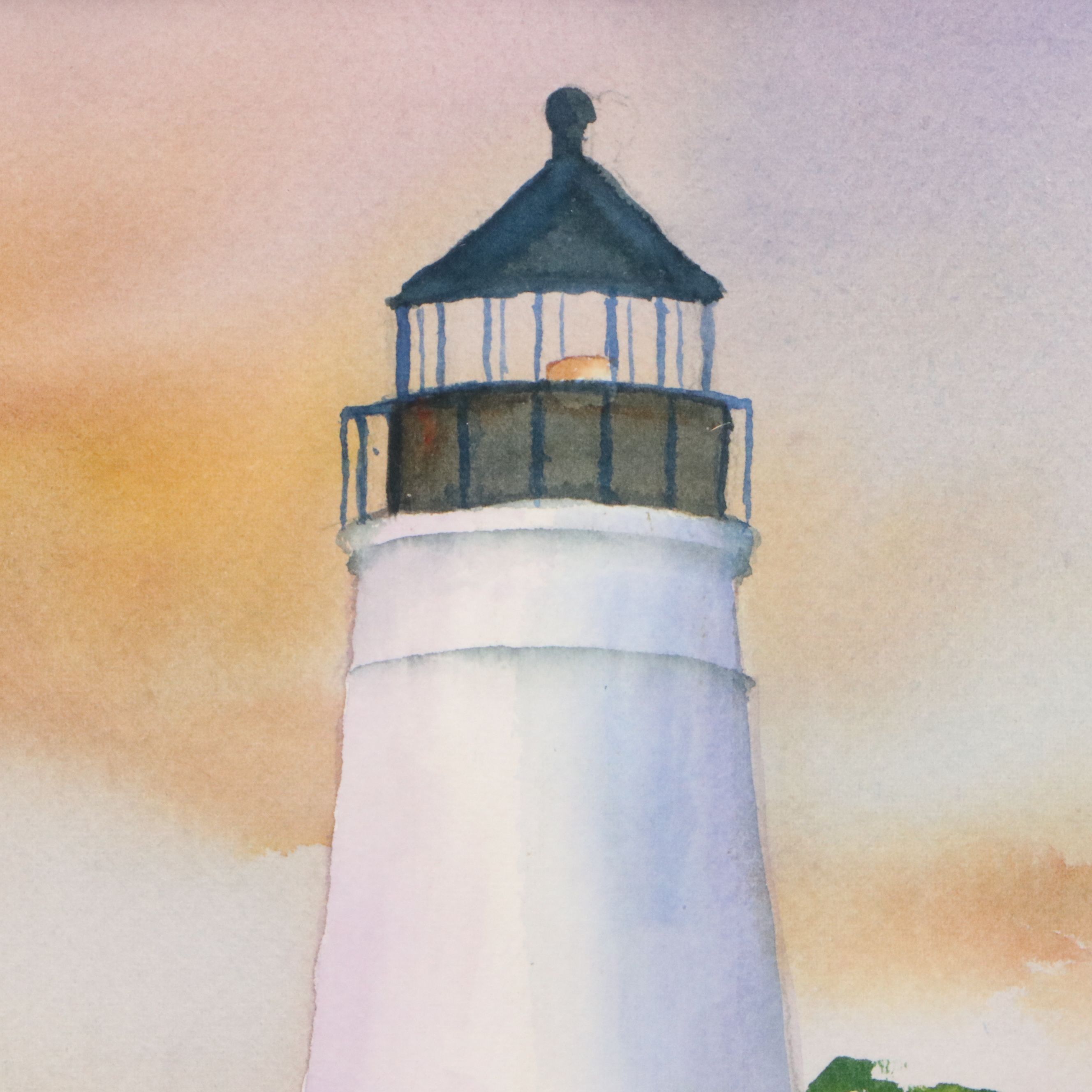 K. Schuckel Coastal Watercolor Painting of Lighthouse with Waterfowl