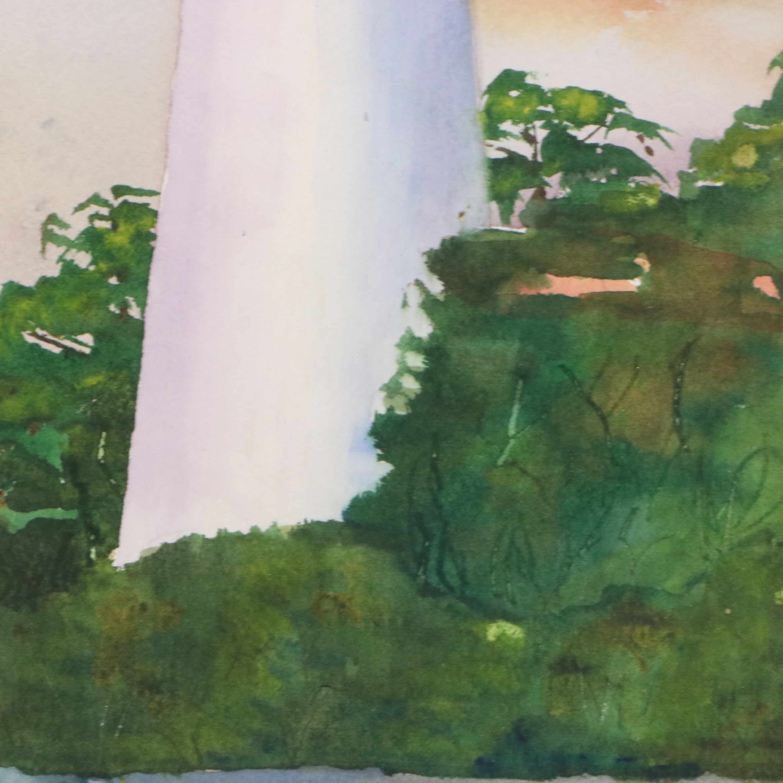 K. Schuckel Coastal Watercolor Painting of Lighthouse with Waterfowl