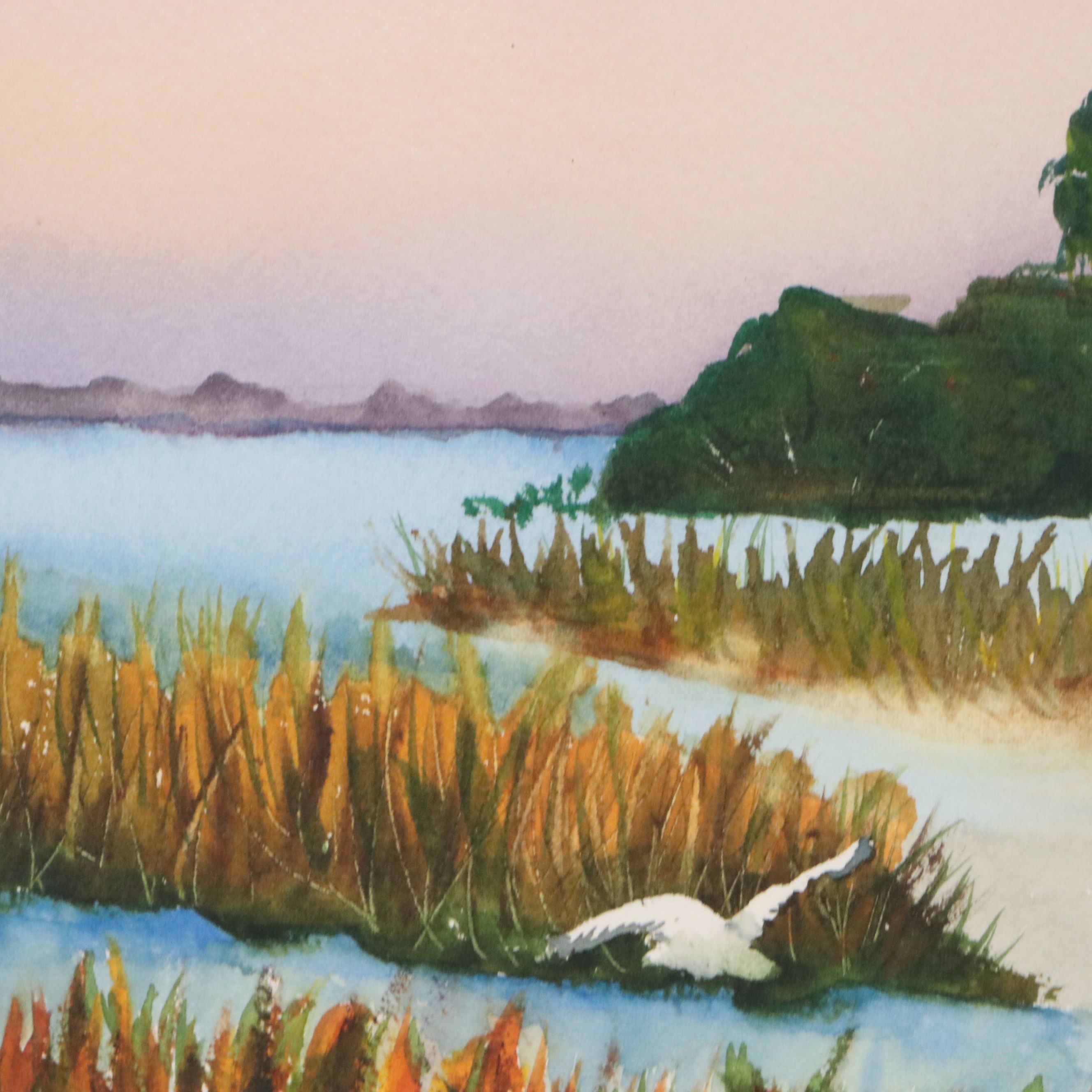 K. Schuckel Coastal Watercolor Painting of Lighthouse with Waterfowl