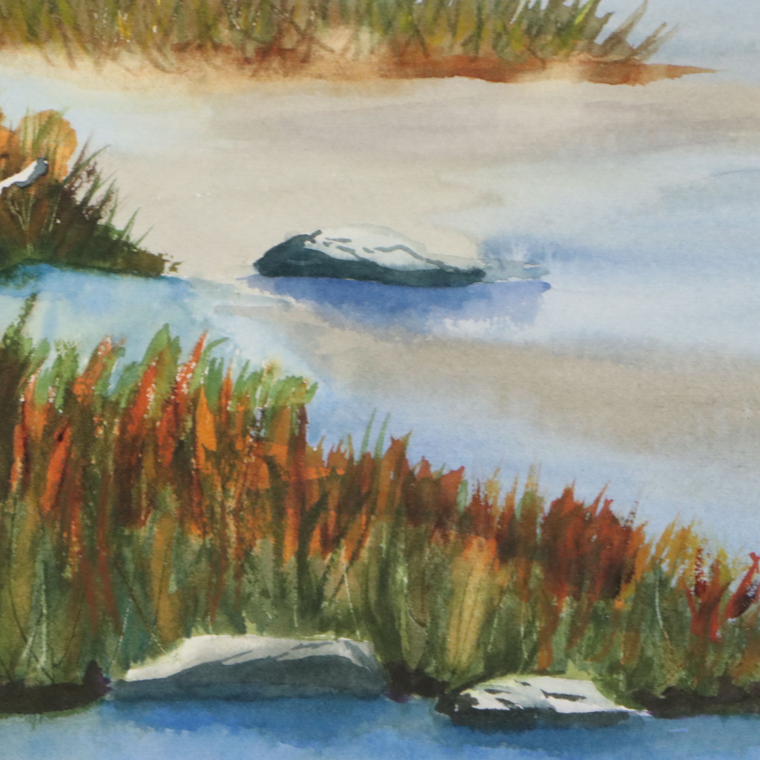 K. Schuckel Coastal Watercolor Painting of Lighthouse with Waterfowl