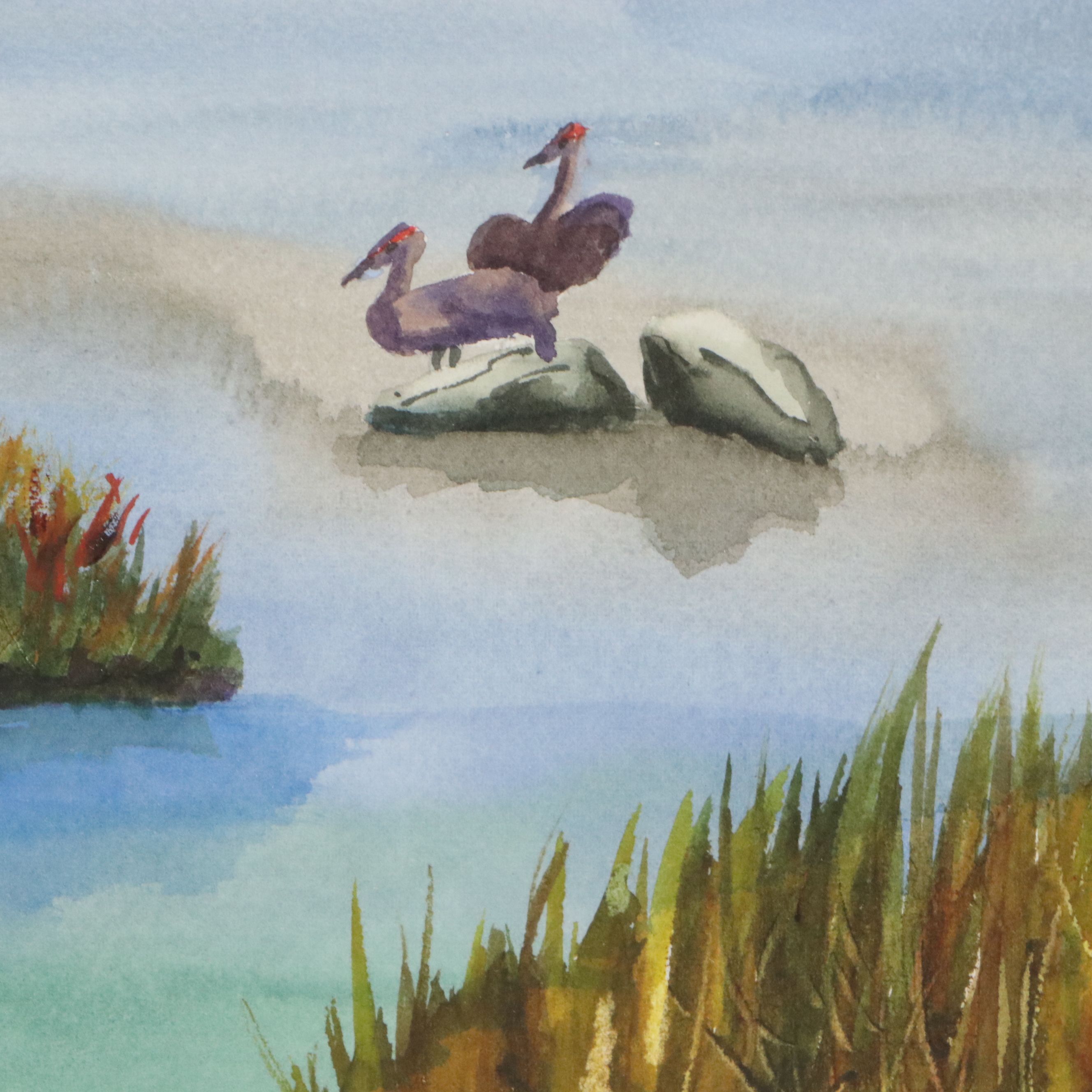 K. Schuckel Coastal Watercolor Painting of Lighthouse with Waterfowl