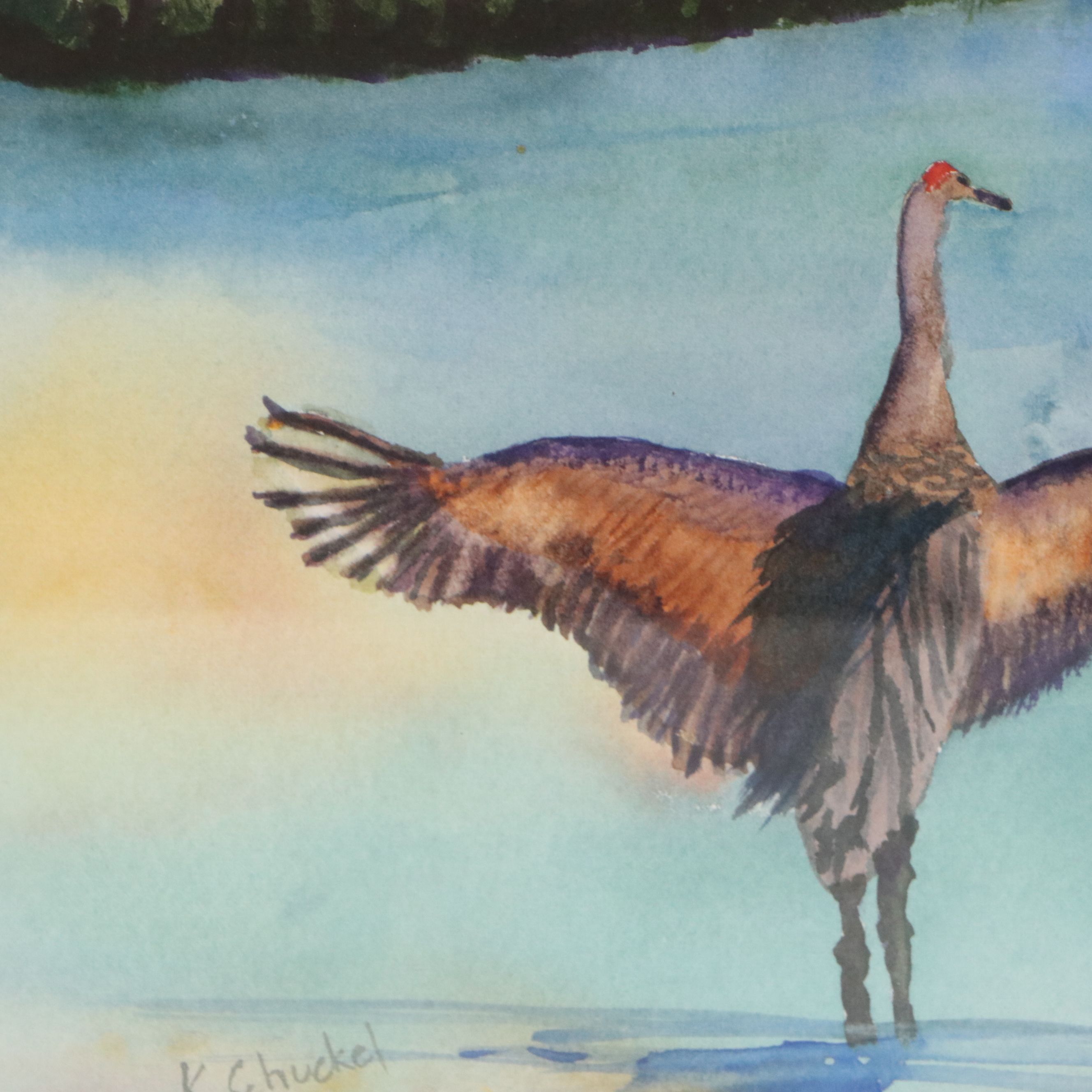 K. Schuckel Coastal Watercolor Painting of Lighthouse with Waterfowl