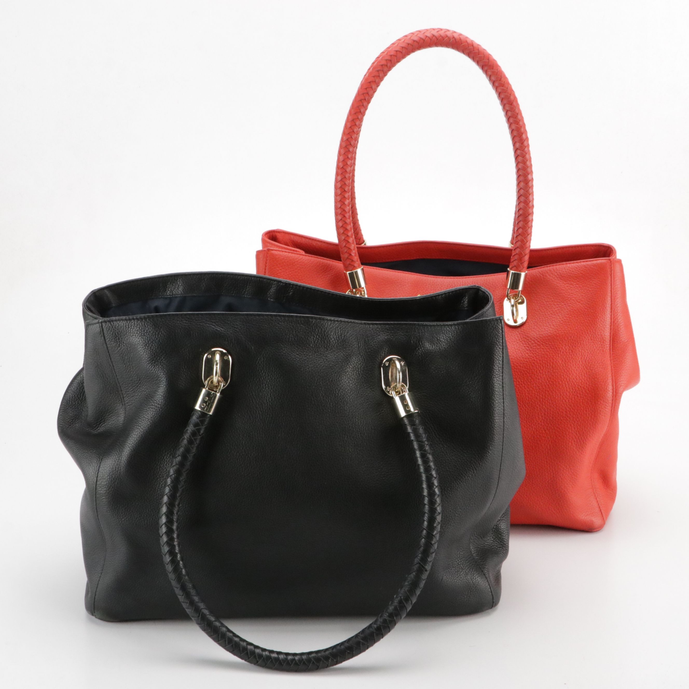 Cole Haan Woven Strap Tote Bags in Red and Navy Blue Grained Calfskin Leather