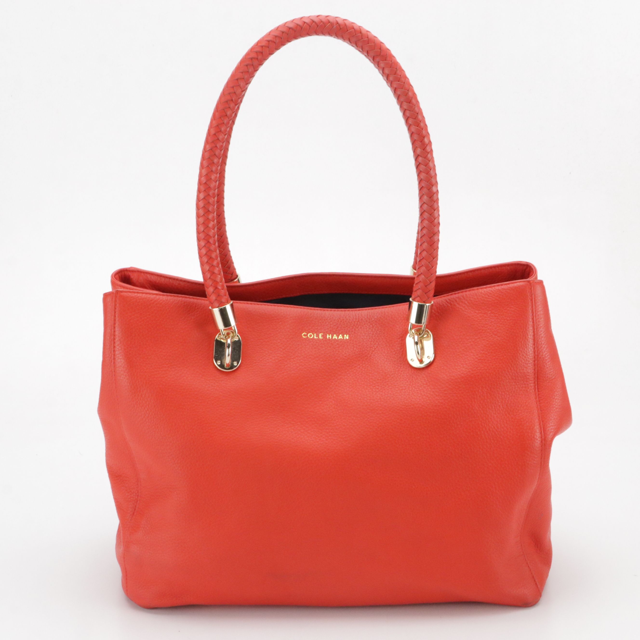 Cole Haan Woven Strap Tote Bags in Red and Navy Blue Grained Calfskin Leather