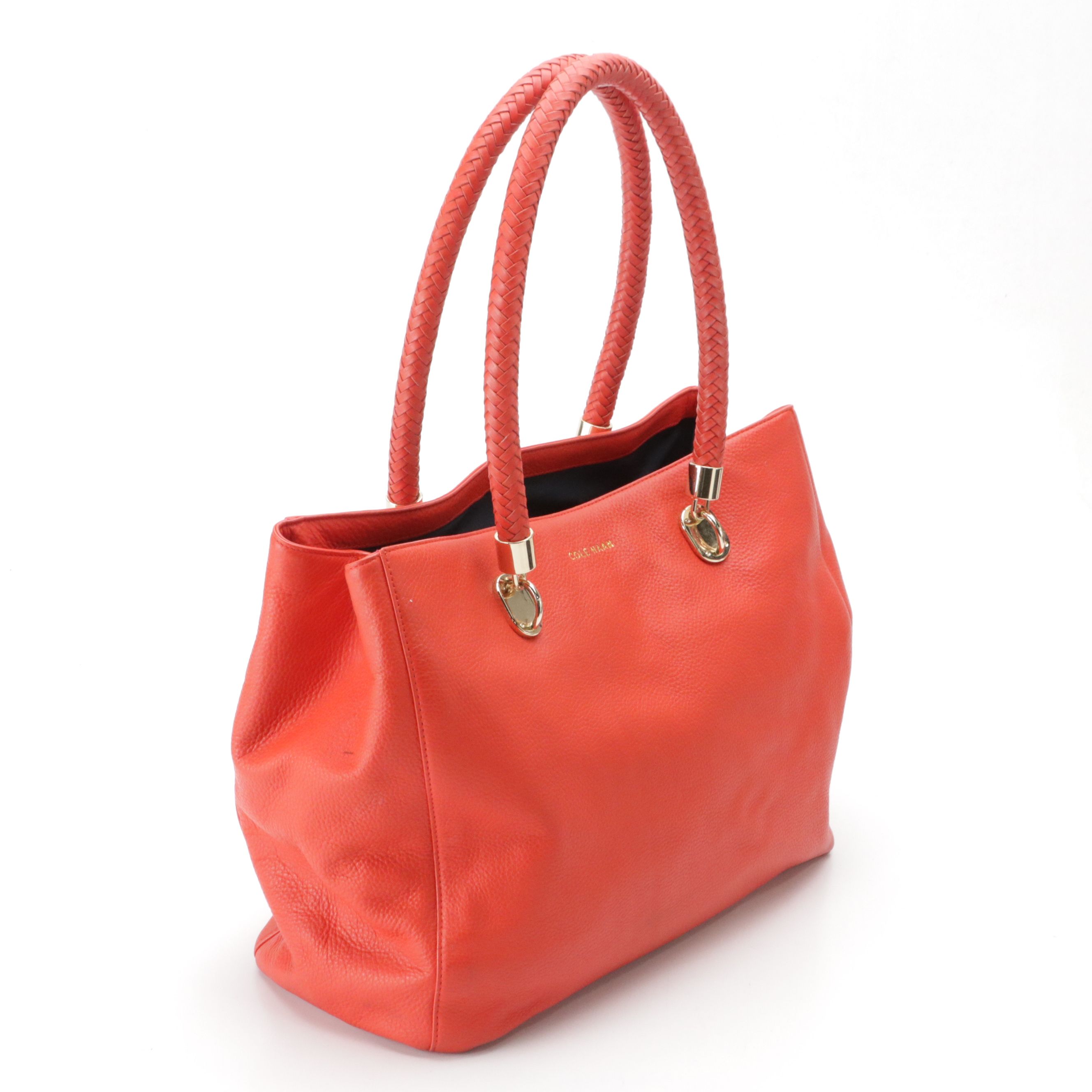 Cole Haan Woven Strap Tote Bags in Red and Navy Blue Grained Calfskin Leather