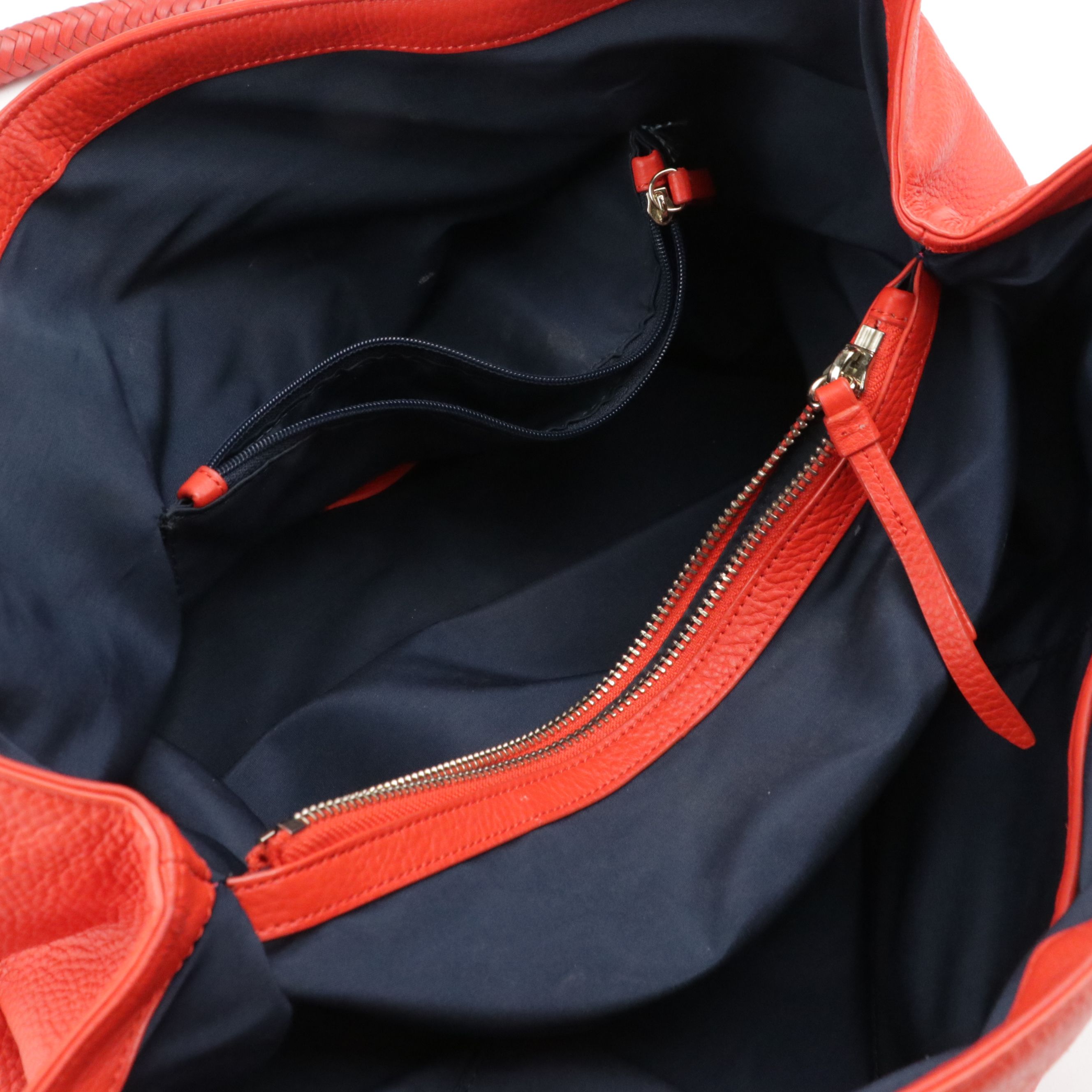 Cole Haan Woven Strap Tote Bags in Red and Navy Blue Grained Calfskin Leather