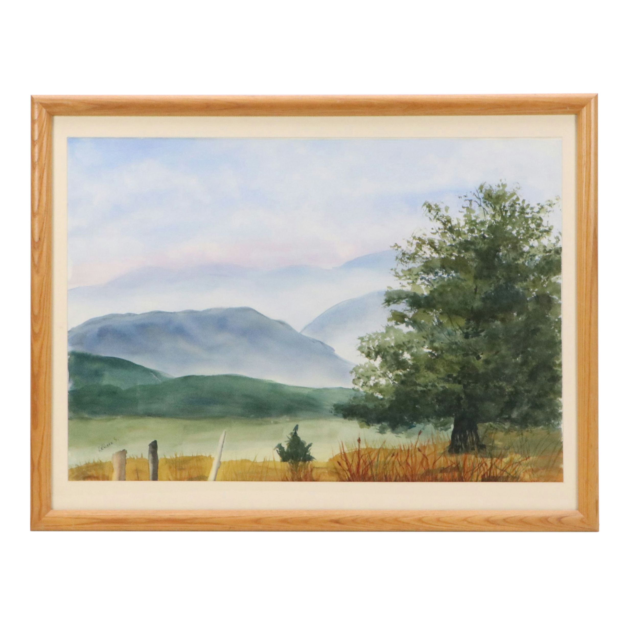 Kathleen S. Mountain Landscape Watercolor Painting with Tree