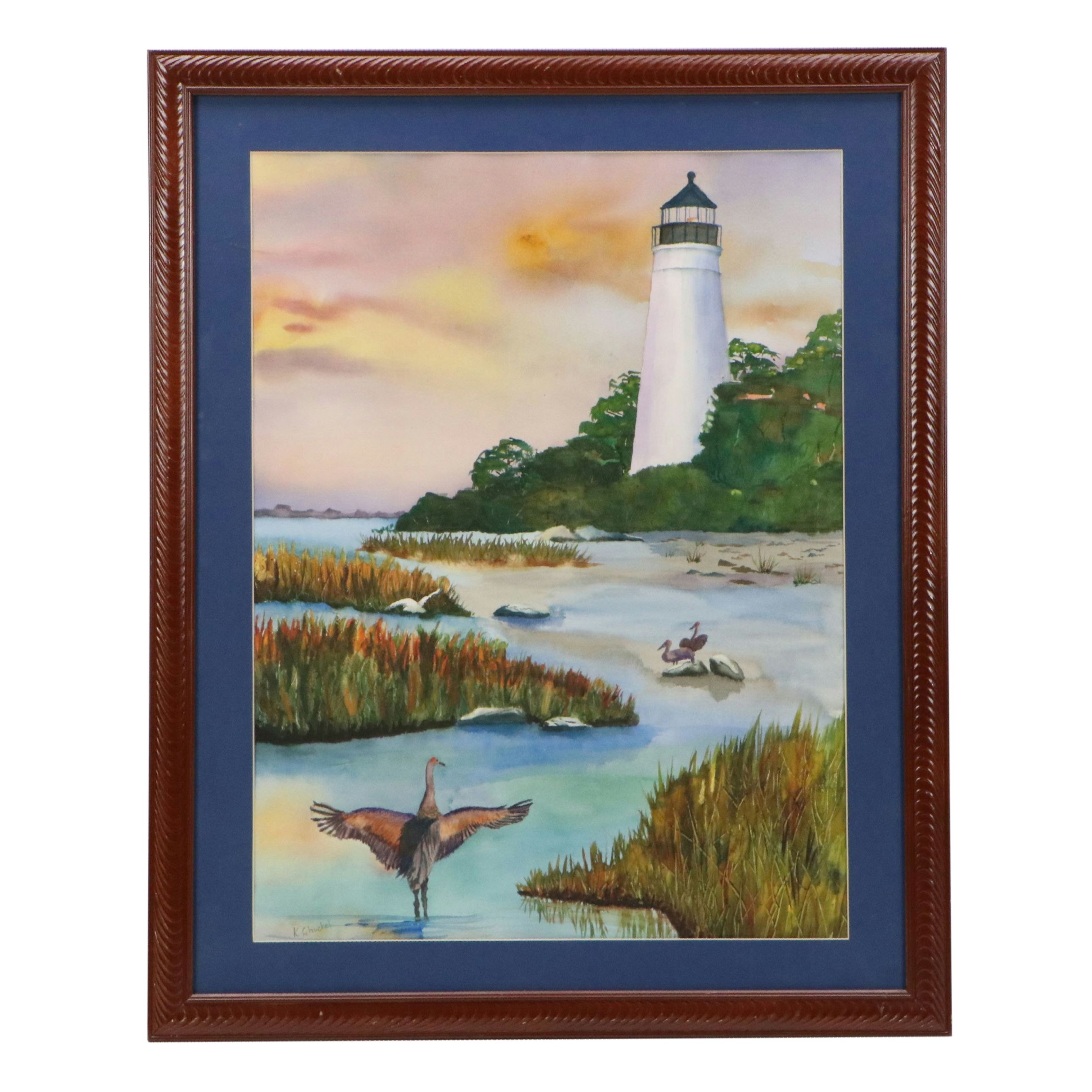 K. Schuckel Coastal Watercolor Painting of Lighthouse with Waterfowl