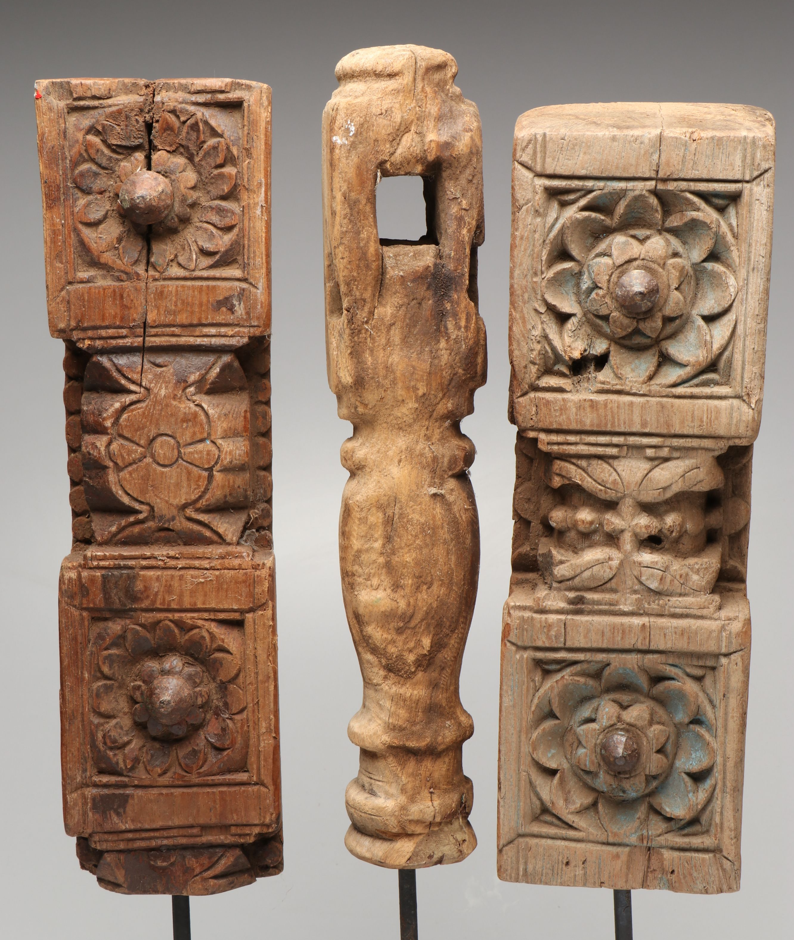 Floral and Abstract Indian Wood Carvings with Geometric Pillar Candle Holder