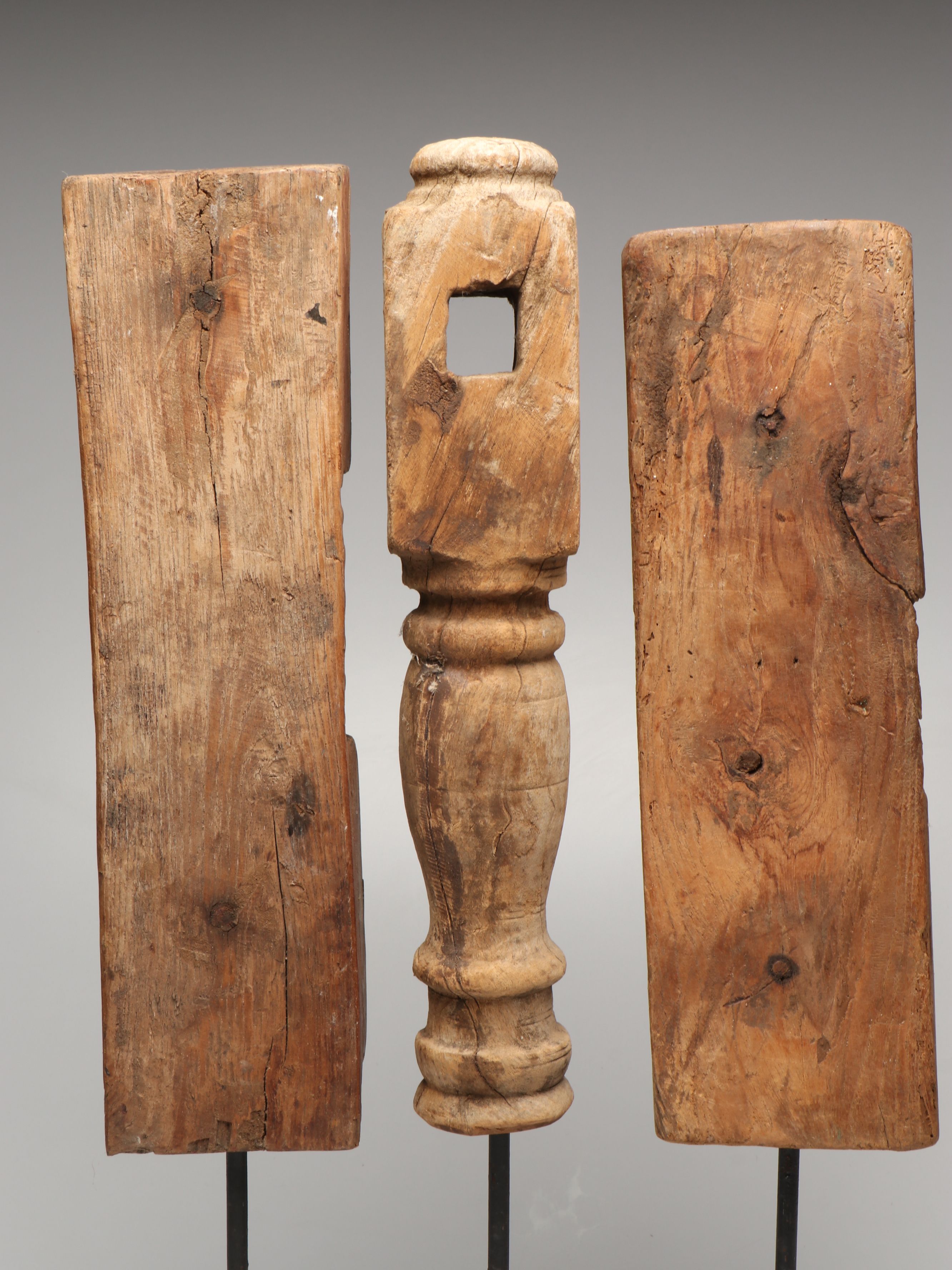 Floral and Abstract Indian Wood Carvings with Geometric Pillar Candle Holder