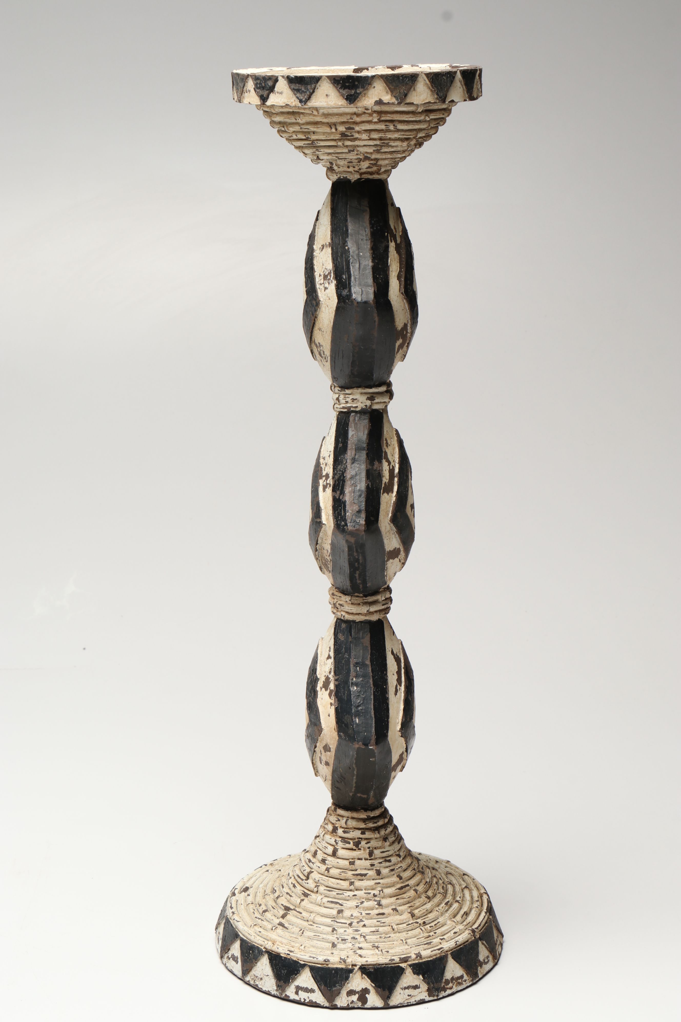 Floral and Abstract Indian Wood Carvings with Geometric Pillar Candle Holder