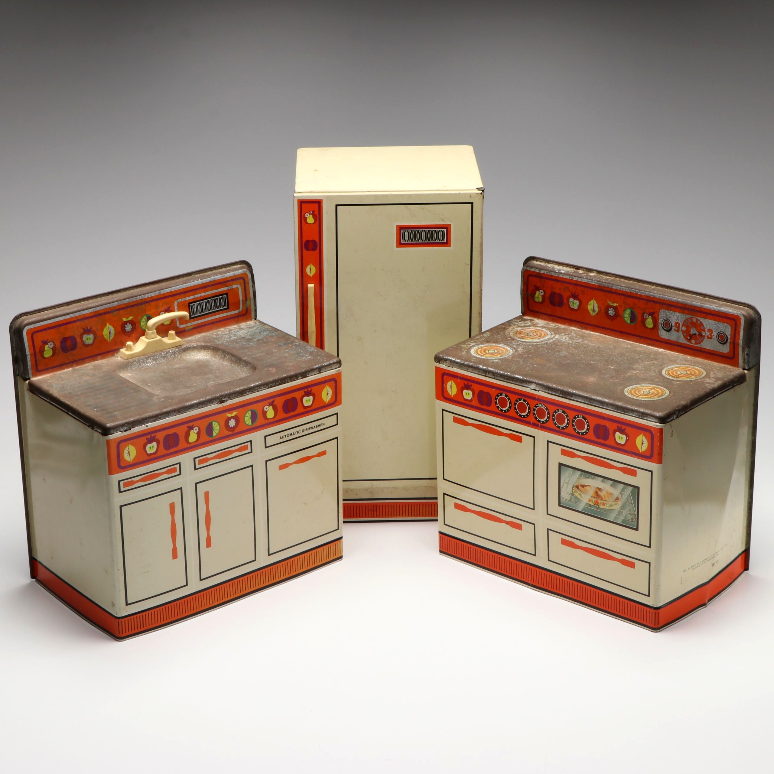 Wolverine Toys Tin Lithograph Oven, Sink and Refrigerator, Mid-Century