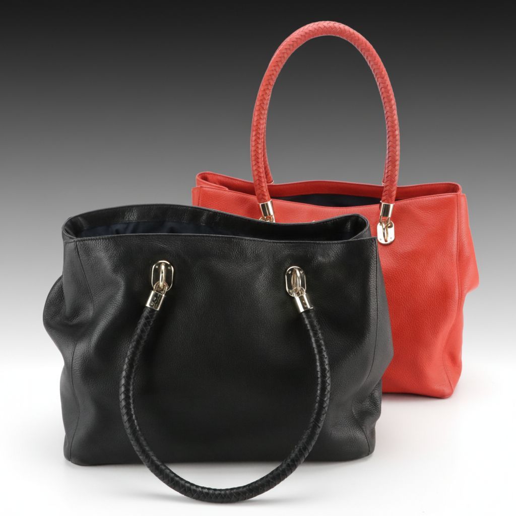 Cole Haan Woven Strap Tote Bags in Red and Navy Blue Grained Calfskin Leather