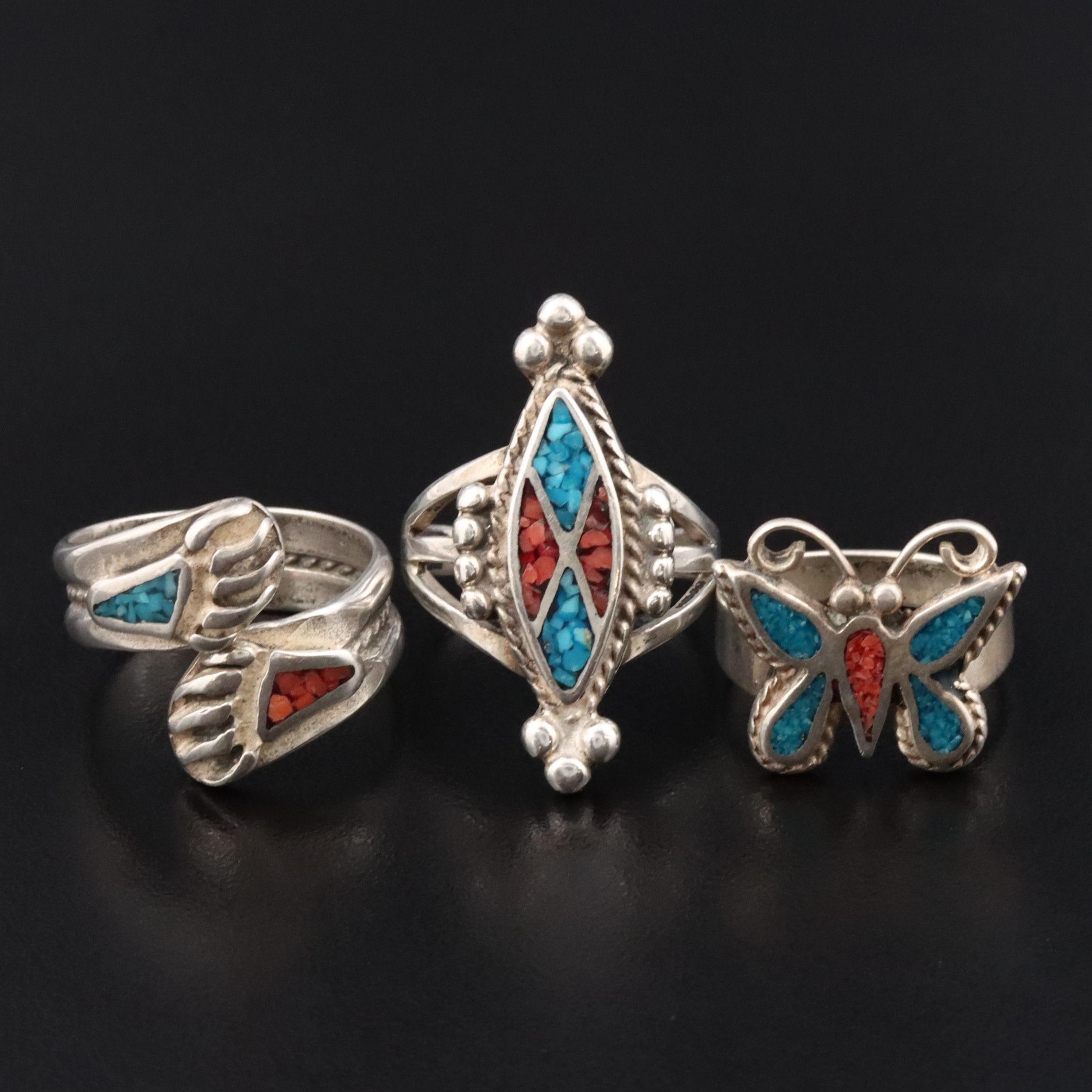 Western Style Sterling Inlay Butterfly, Pointer and Bypass Rings