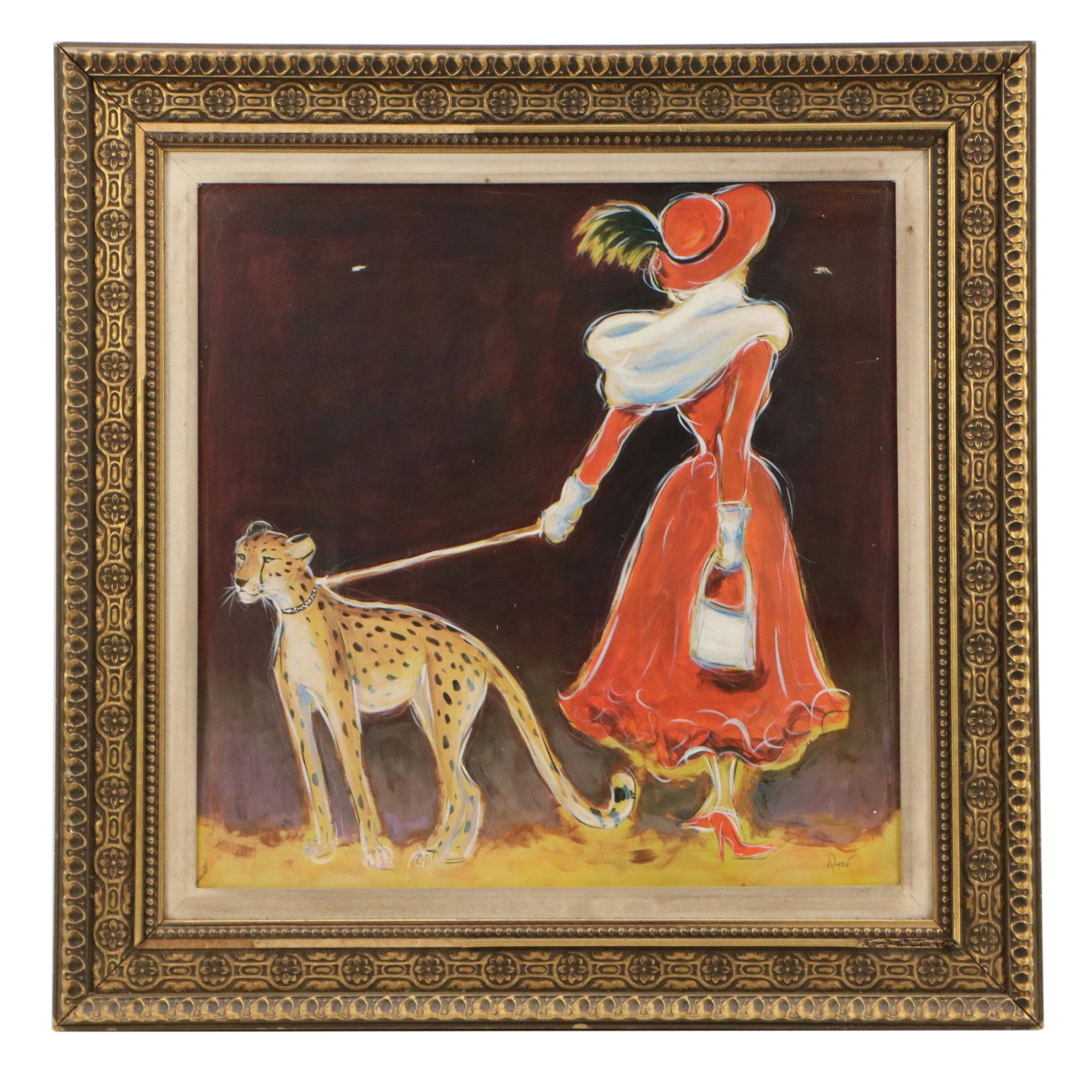 Karen Dupré Painting of Lady Walking Leopard