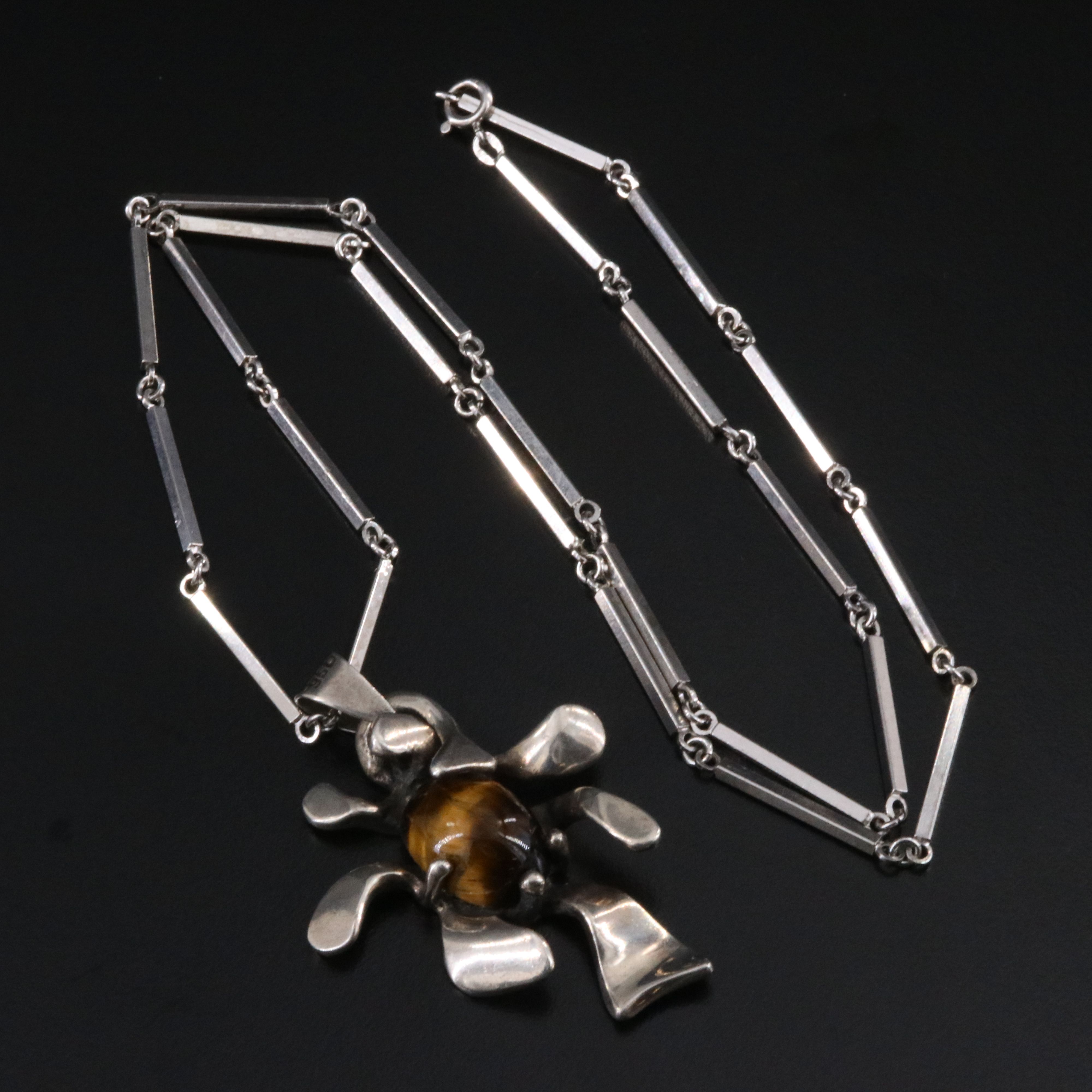 Fernando Alvarez Mexican 950 Silver and Sterling Tiger's Eye Pendant Necklace