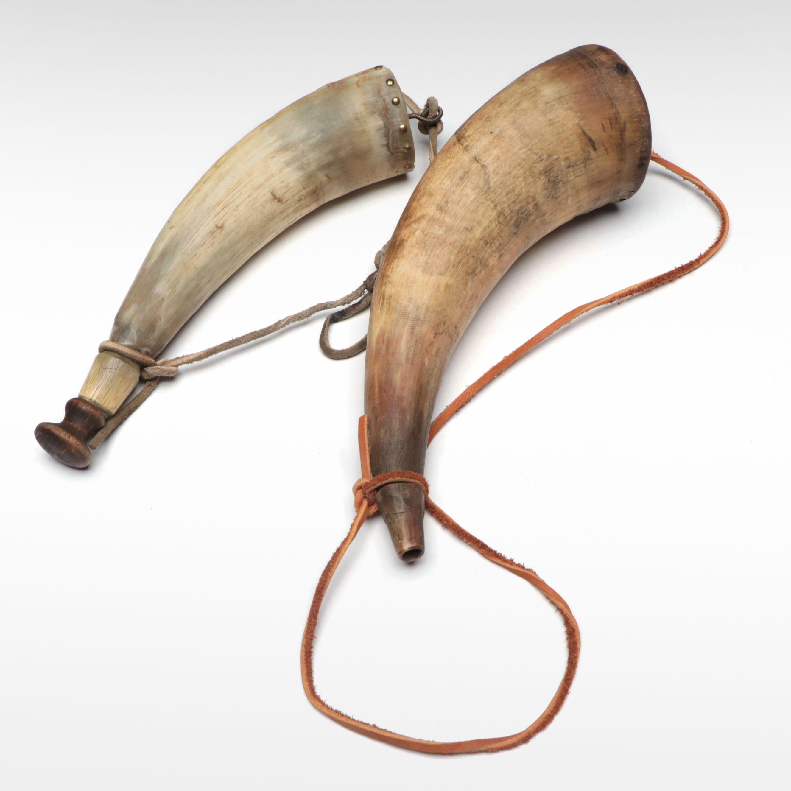 Antique Polished Horn and Bone Powder Flasks