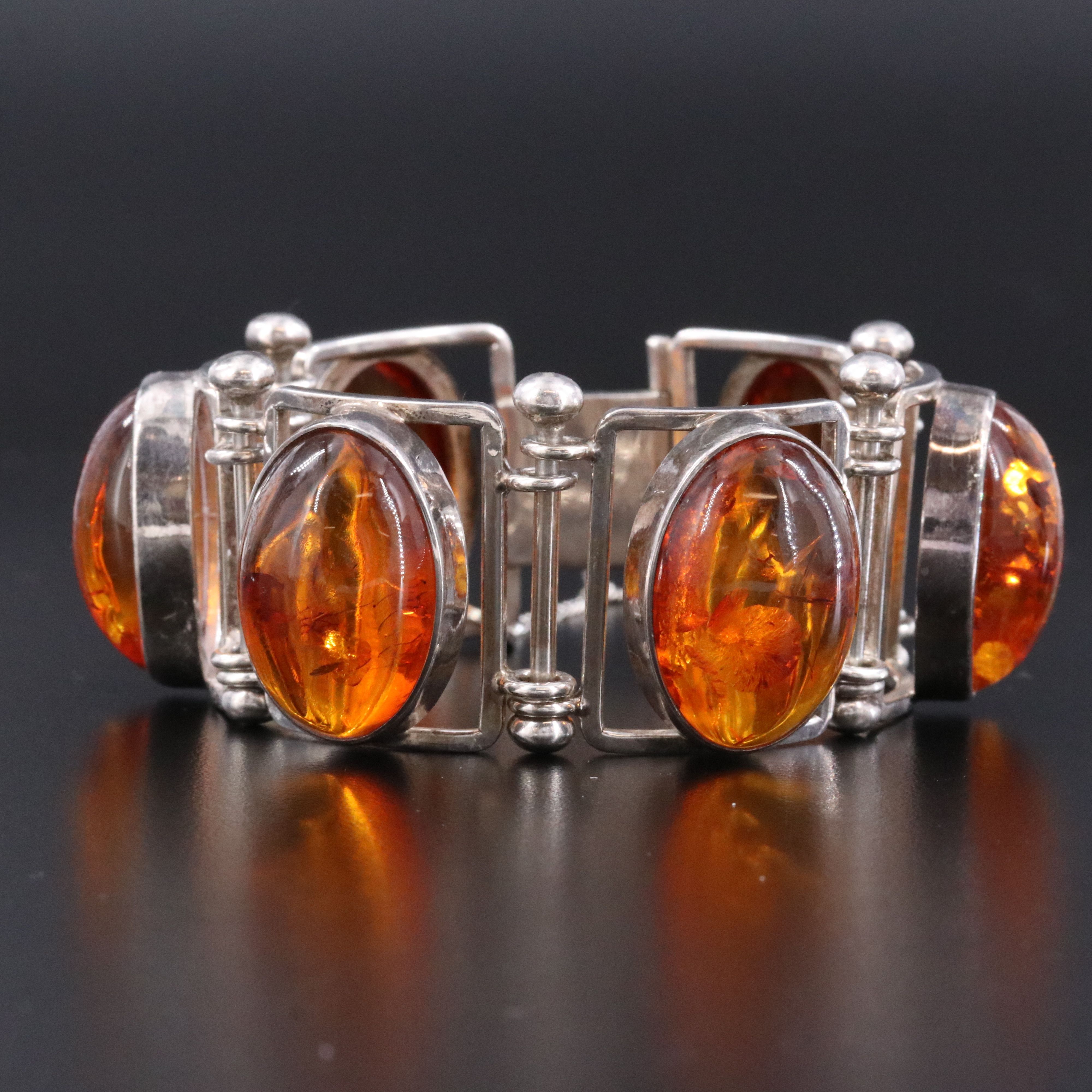Modernist Style Sterling Amber Bracelet