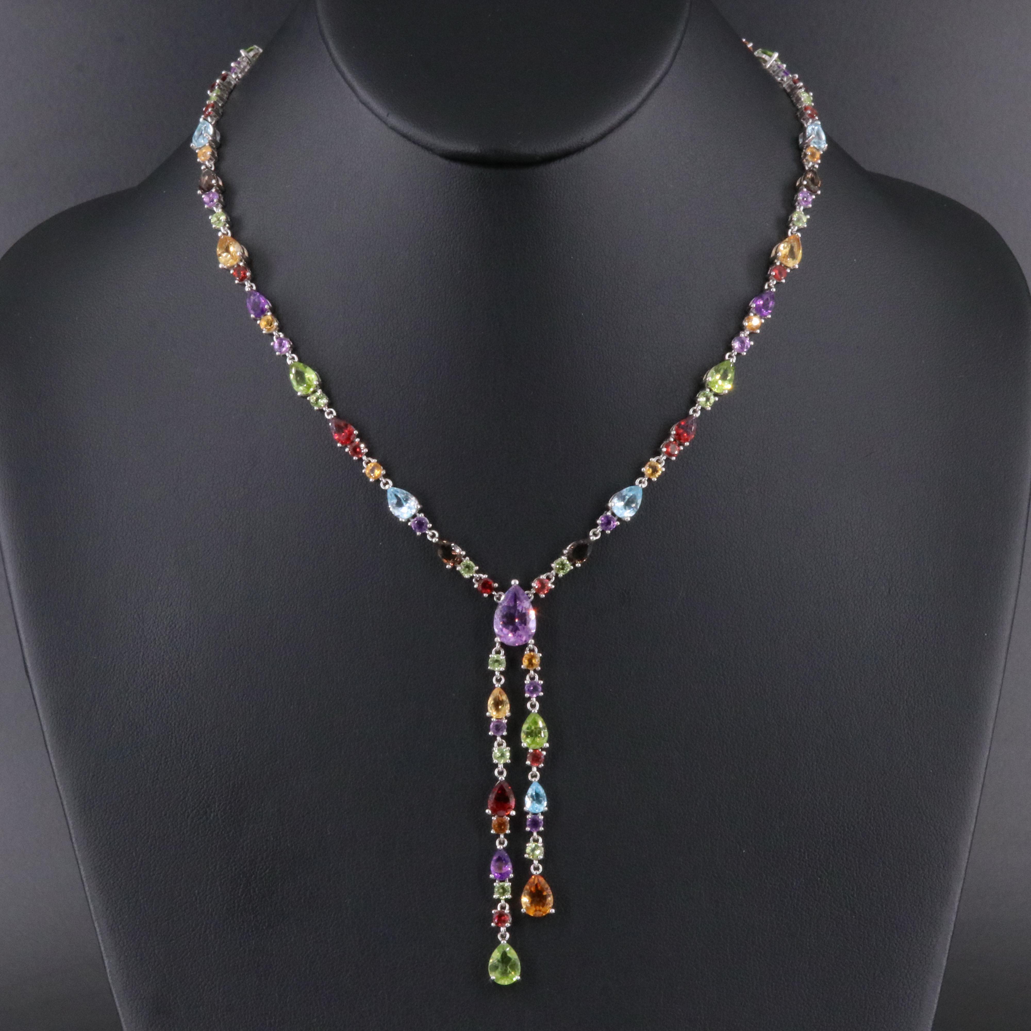 Sterling Lariat Necklace Featuring Amethyst, Citrine, and Garnet