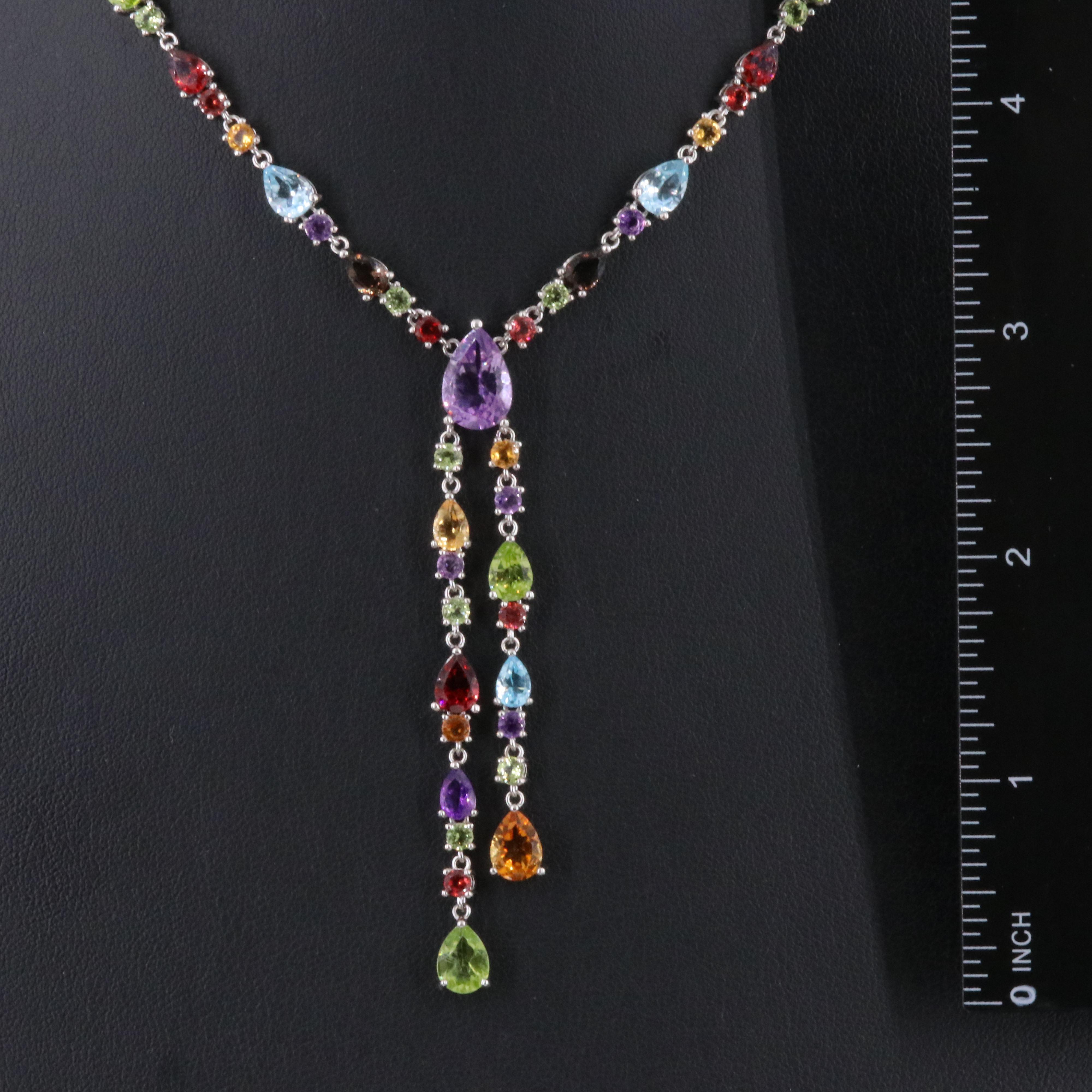 Sterling Lariat Necklace Featuring Amethyst, Citrine, and Garnet