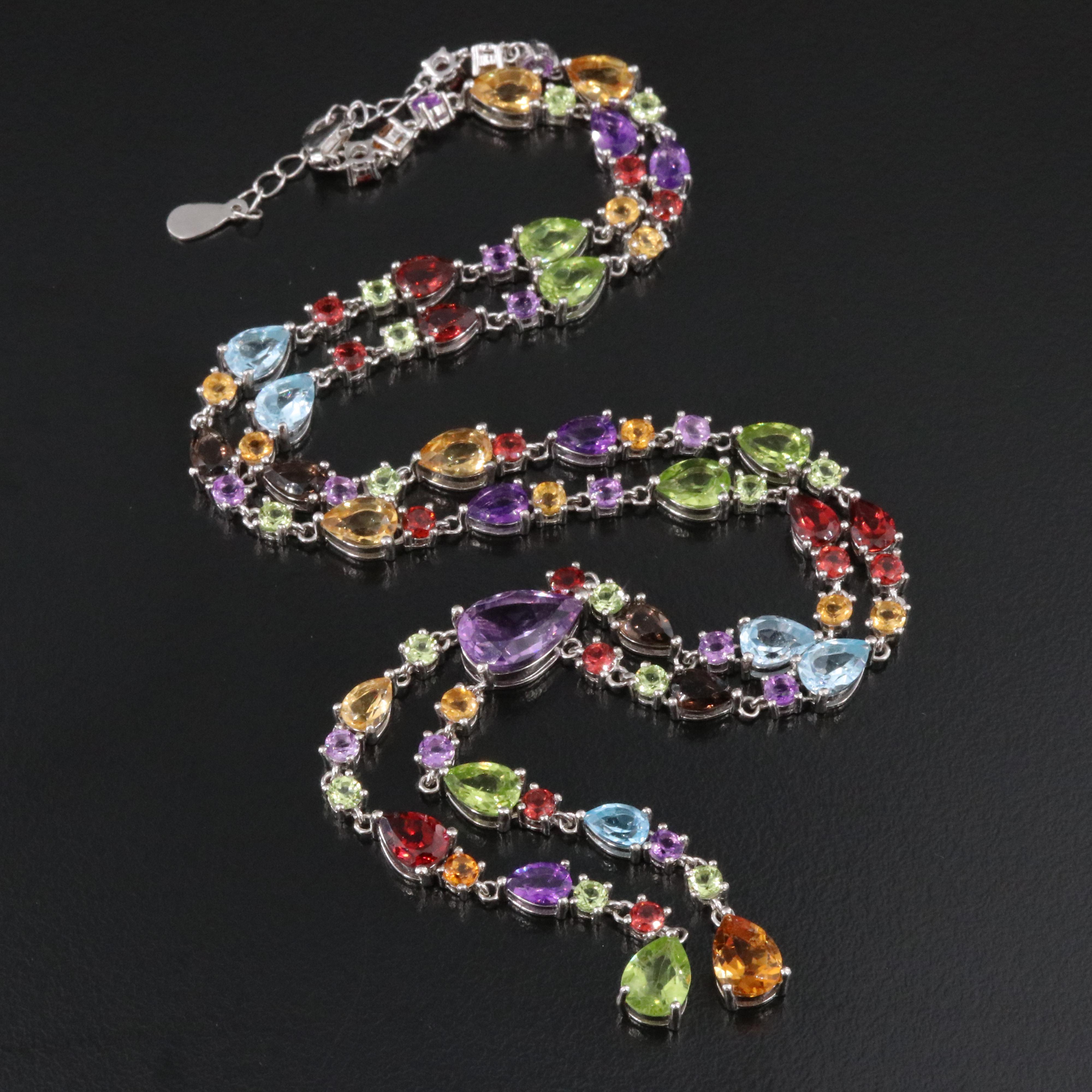 Sterling Lariat Necklace Featuring Amethyst, Citrine, and Garnet
