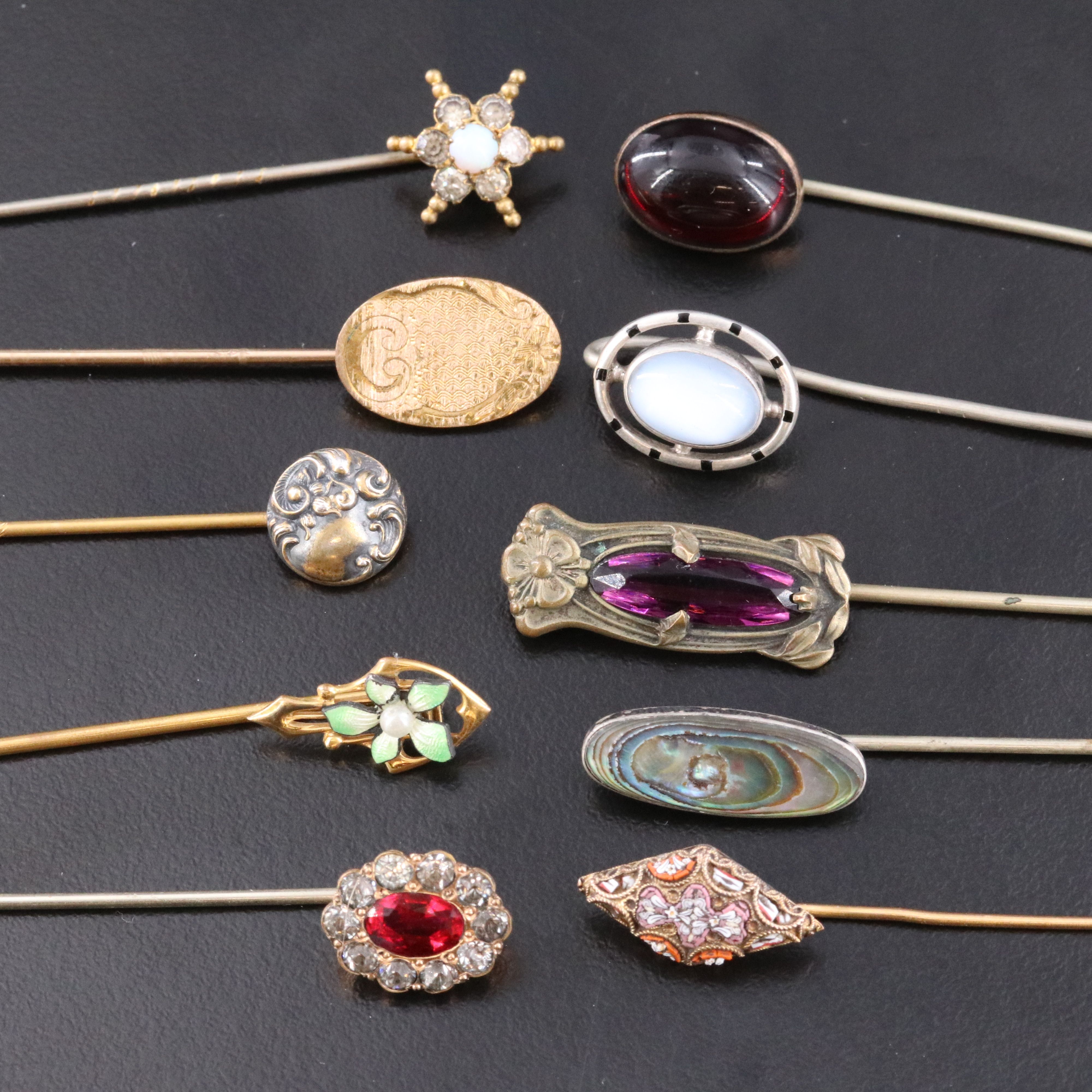 Stick Pin Collection Featuring 18K and Sterling with Abalone and Opal