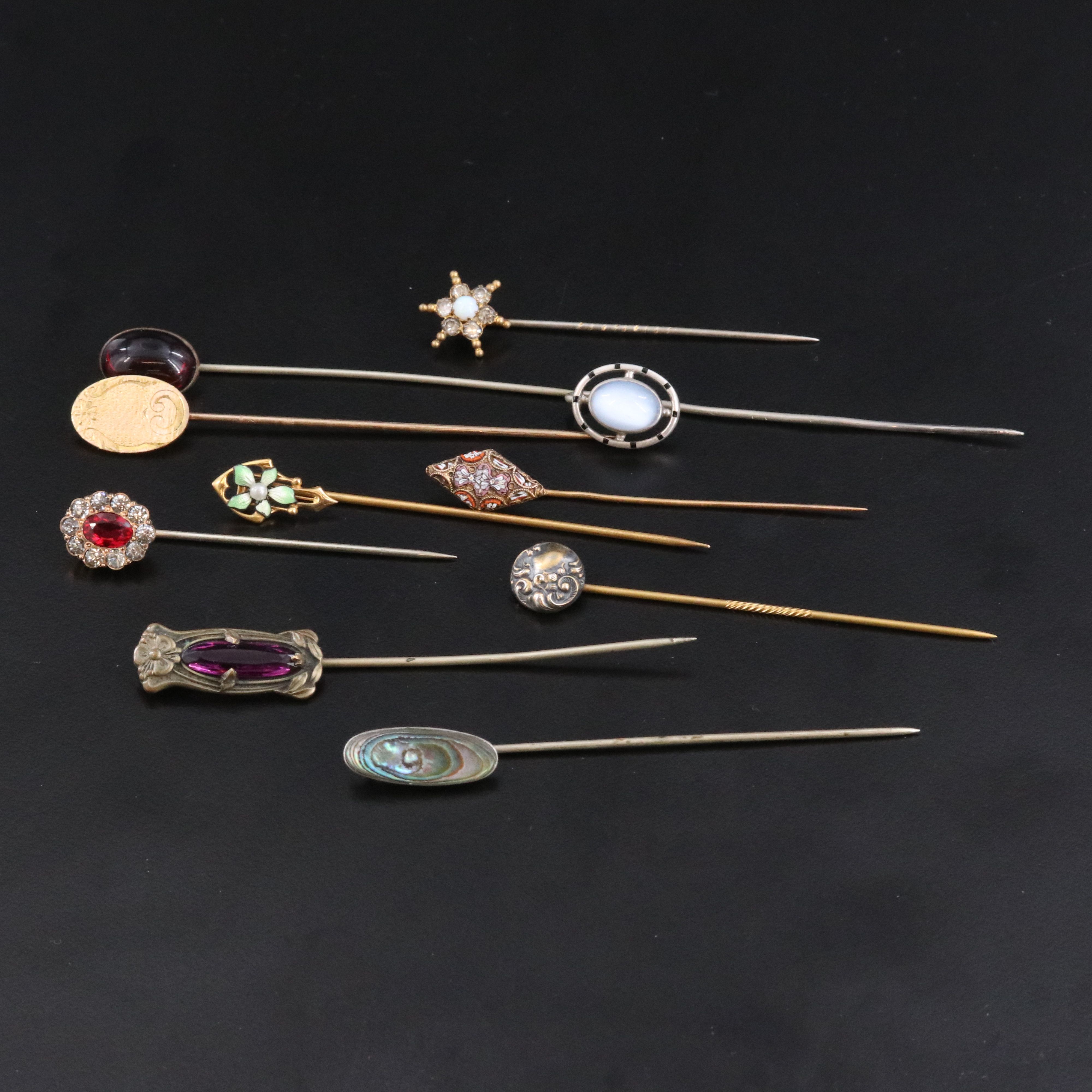 Stick Pin Collection Featuring 18K and Sterling with Abalone and Opal