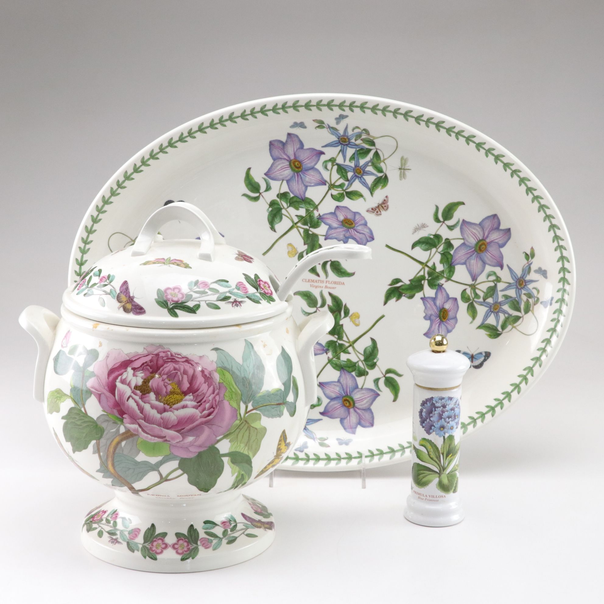 Portmeirion "Botanic Garden" Soup Tureen, Oval Platter and Pepper Mill