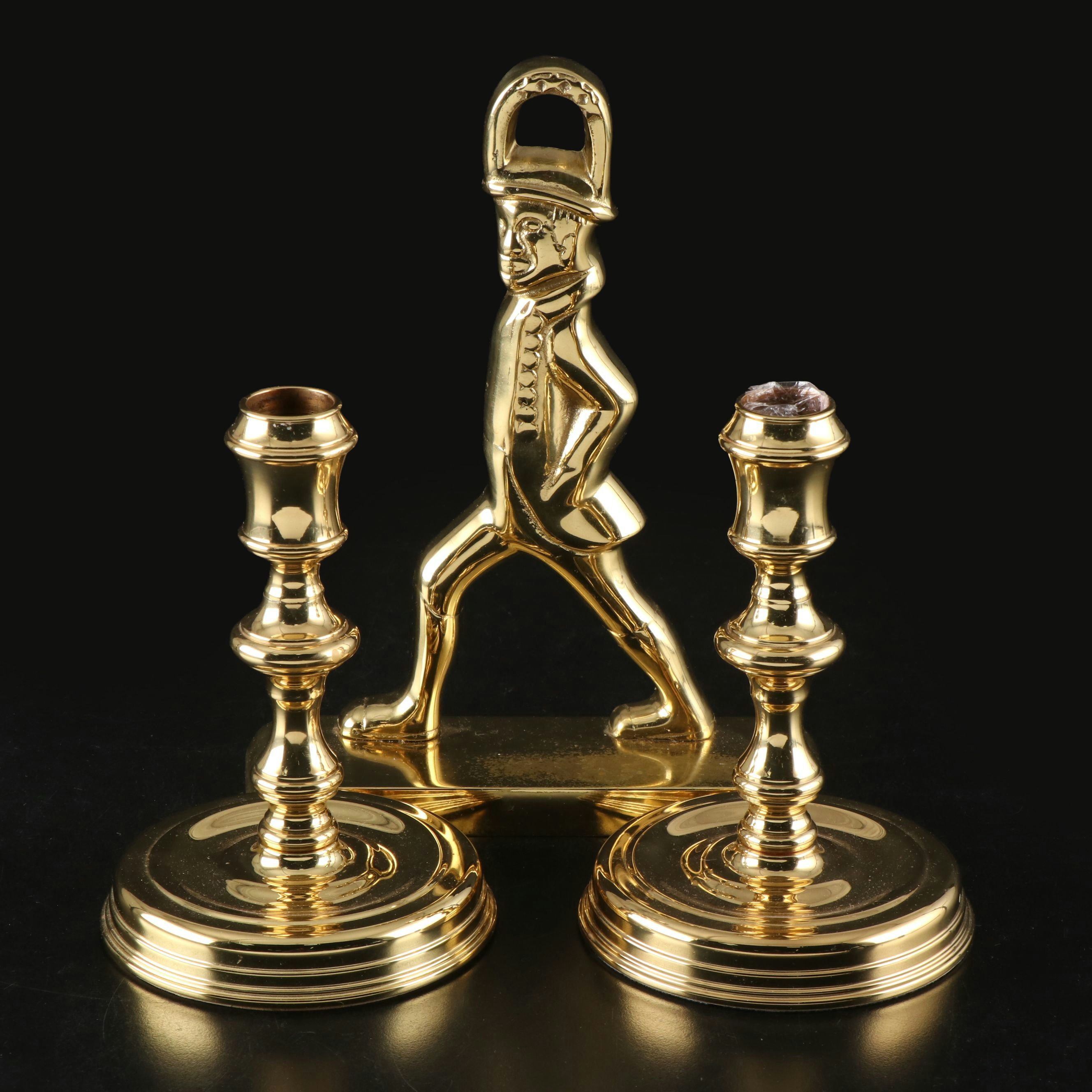 Virginia Metalcrafters Brass Bookend with Baldwin Brass Candle Holders