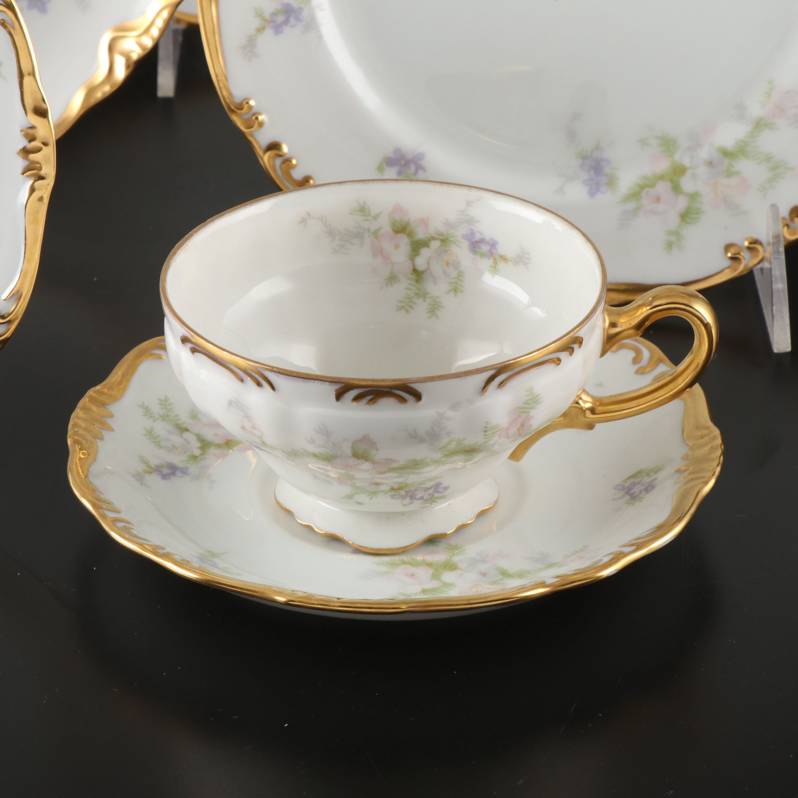 Victorian Style Hand-Painted Floral Gilt Porcelain Six-Piece Place Setting