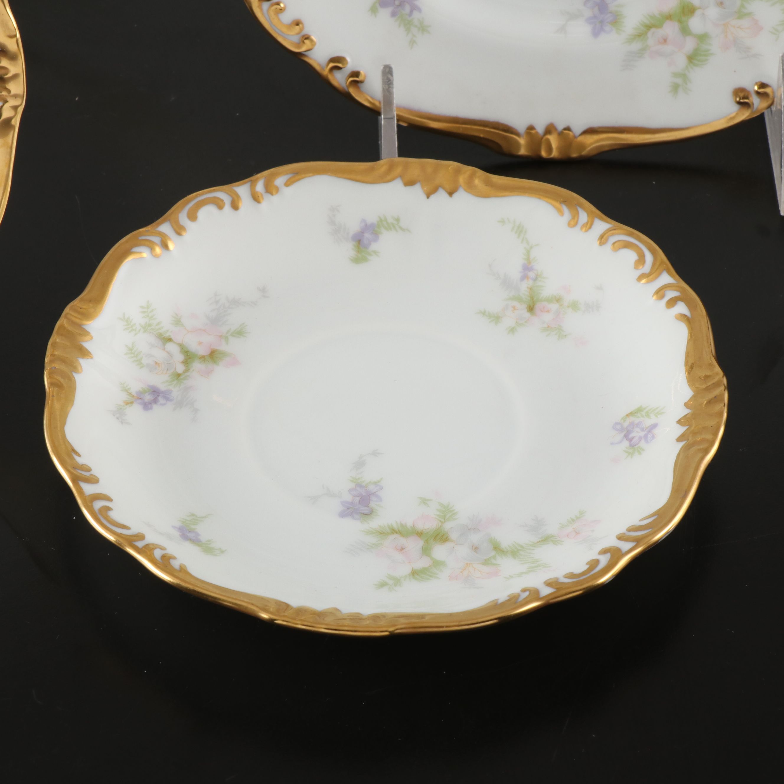 Victorian Style Hand-Painted Floral Gilt Porcelain Six-Piece Place Setting